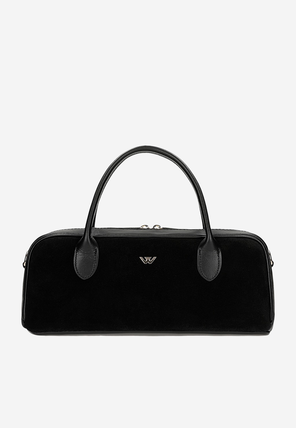Wojas mała czarna torebka damska bowling bag 80521-71, zamszowa z skórzanymi uchwytami i srebrnym logo, widok z przodu.