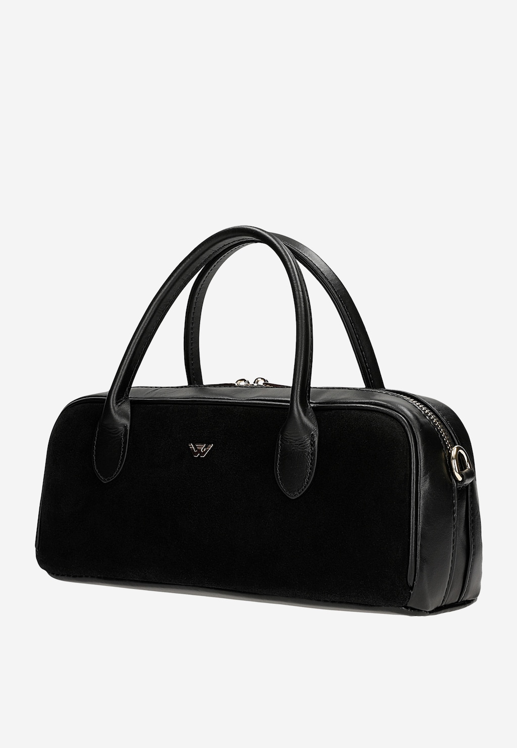Wojas mała czarna torebka damska bowling bag 80521-71, zamszowo-skórzana z dwiema rączkami i srebrnym logo, widok z boku.