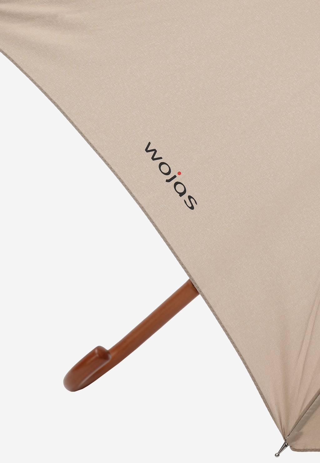 Duży beżowy parasol Wojas 96707-14 z drewnianą rączką, widok z bliska na czaszkę z logo marki.