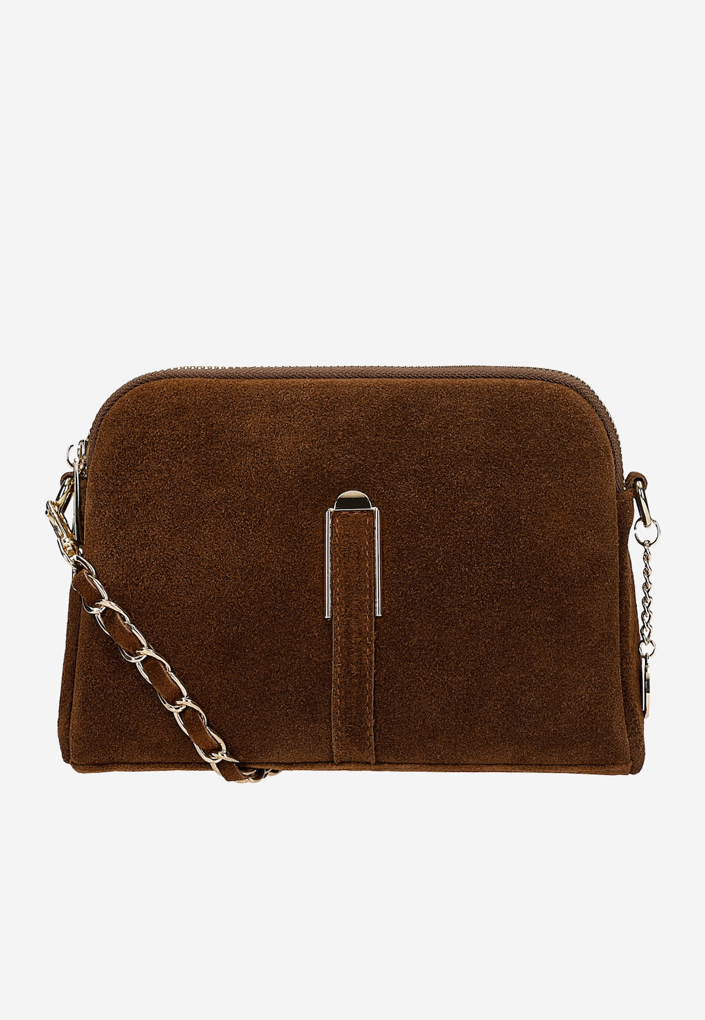 Wojas brązowa torebka damska crossbody z skóry welurowej z złotym łańcuszkiem i suwakiem, model 80496-63, widok z przodu