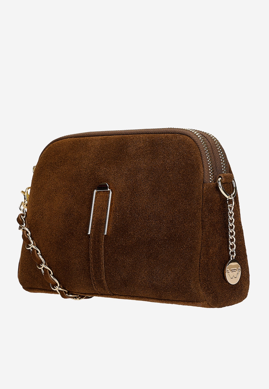 Wojas brązowa torebka damska z skóry welurowej 80496-63, złoty łańcuszek, zamek błyskawiczny, logo marki, widok z boku