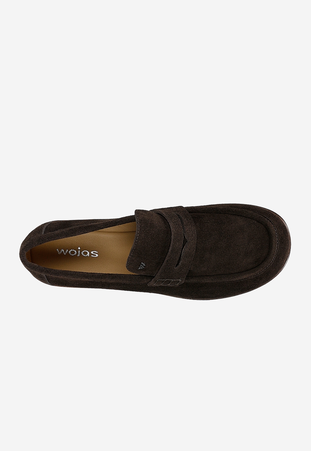 Wojas czekoladowe mokasyny damskie z weluru 46413-62, widok z góry, klasyczny pasek penny loafer, brązowa wkładka skórzana.