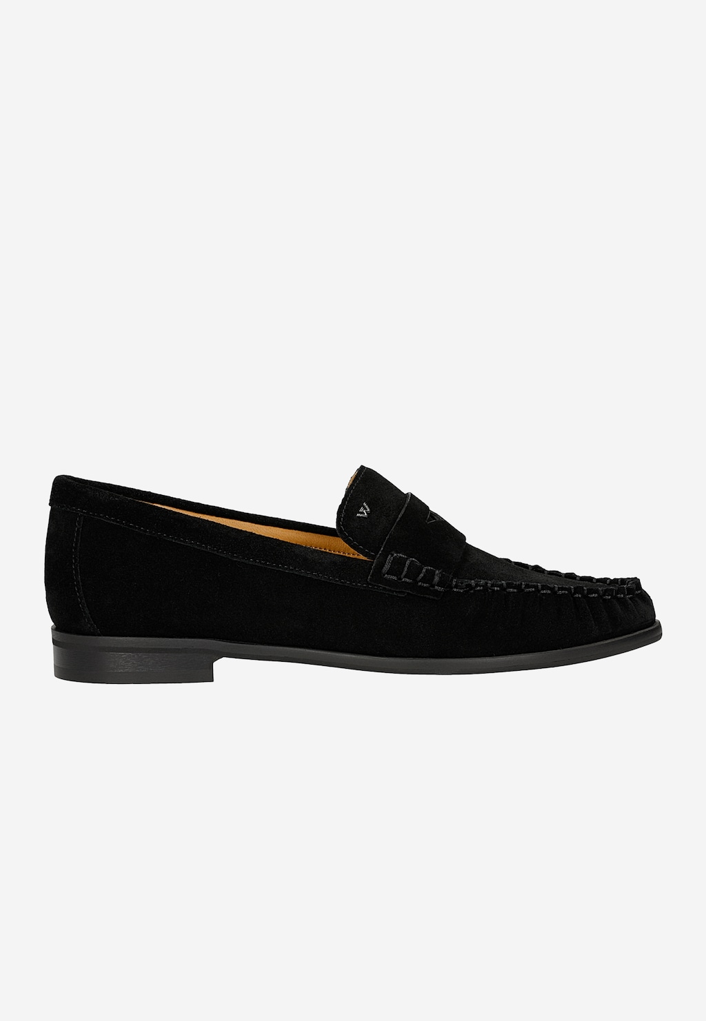 Wojas czarne mokasyny damskie z weluru, model 46379-61, widok z boku, klasyczny penny loafer z dekoracyjnym paskiem i mokasyńskim ściegiem.