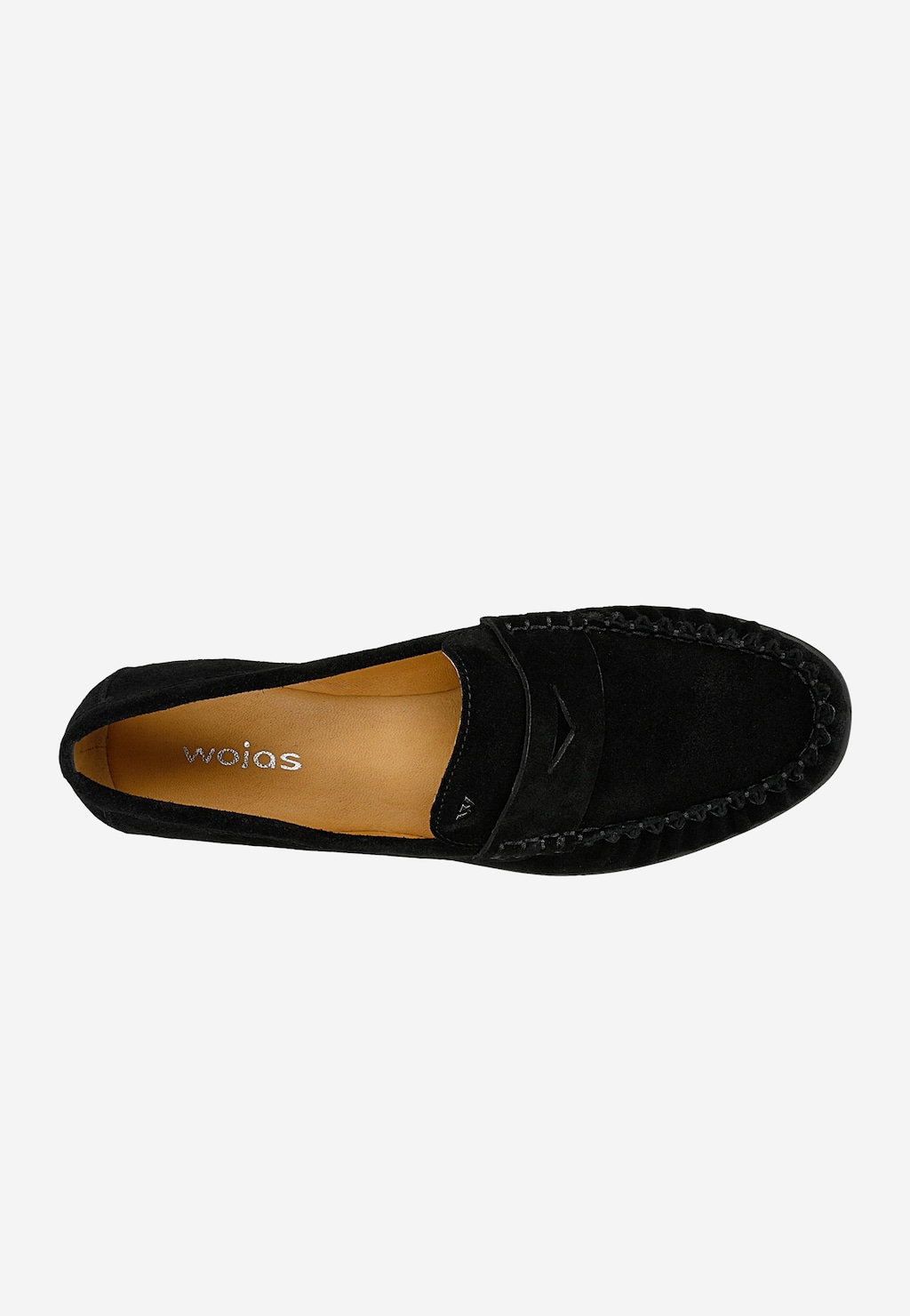 Wojas czarne mokasyny damskie z weluru 46379-61, widok z góry, klasyczny penny loafer z dekoracyjnym szwem i skórzaną wkładką.