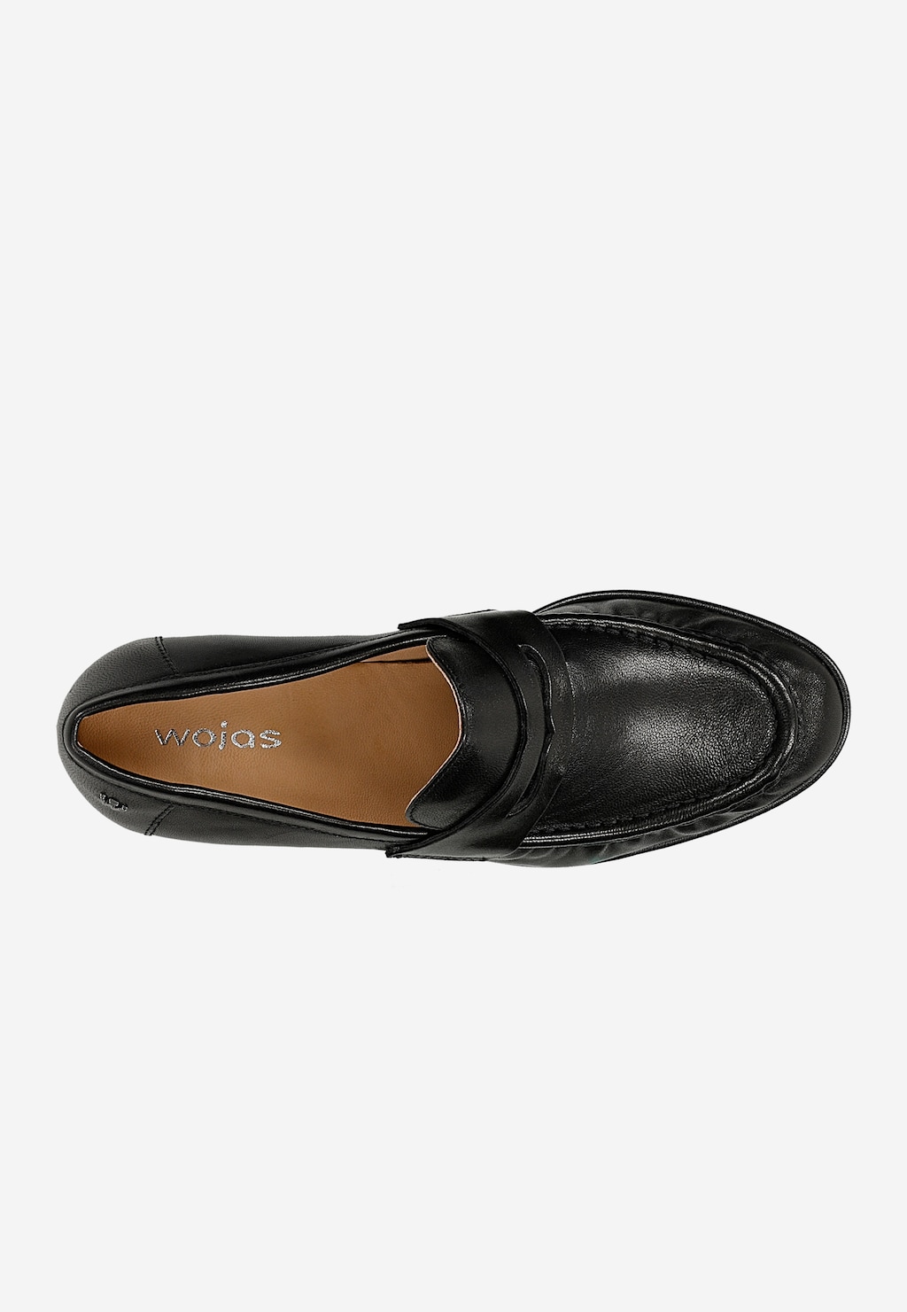 Wojas czarne mokasyny damskie na obcasie 46418-51, widok z góry, skórzana wkładka z logo, klasyczna klapa penny loafer