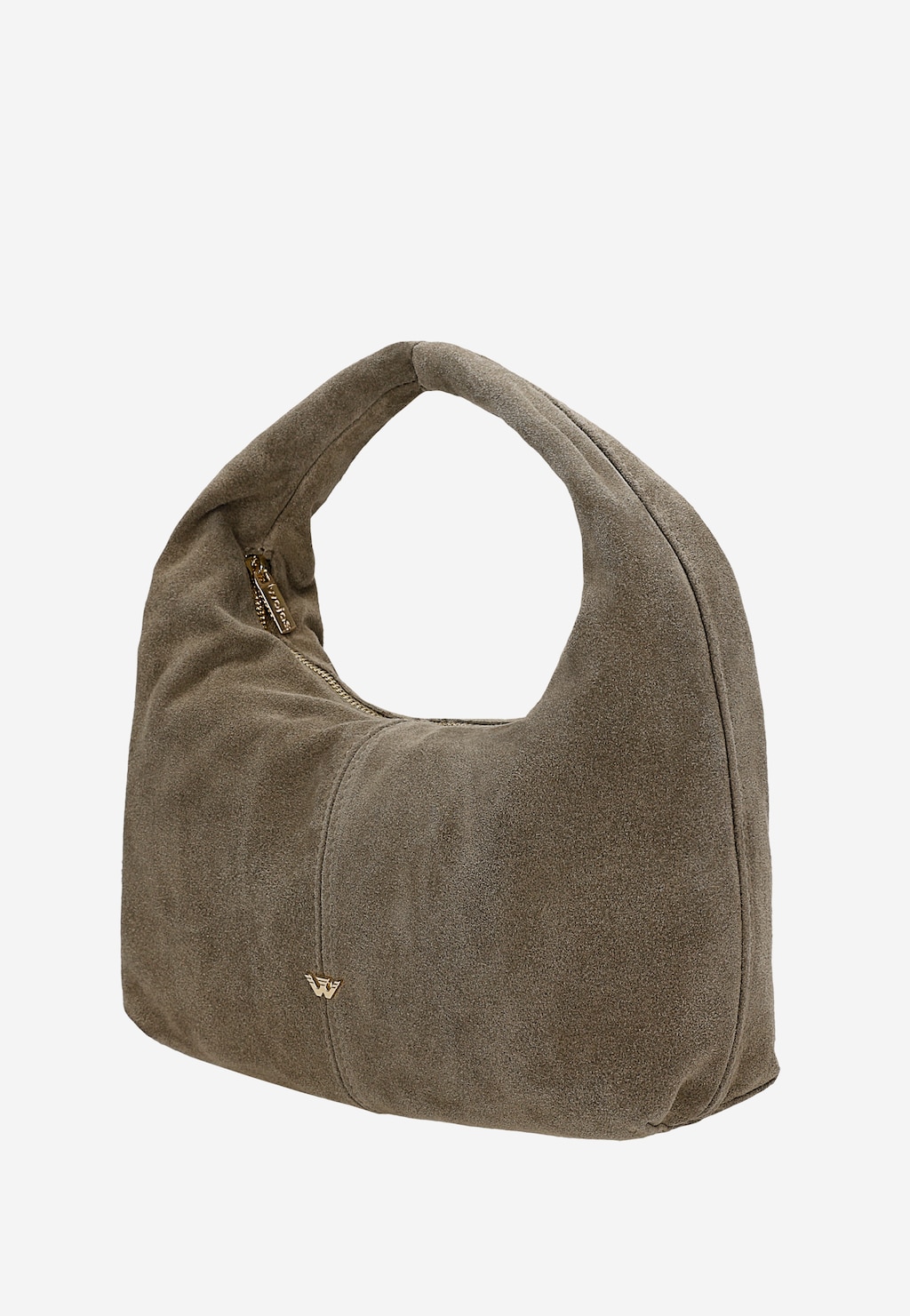 Wojas beżowa mała torebka hobo 80508-64 z zamszu z jedną rączką i złotym zapięciem na zamek, widok z boku.
