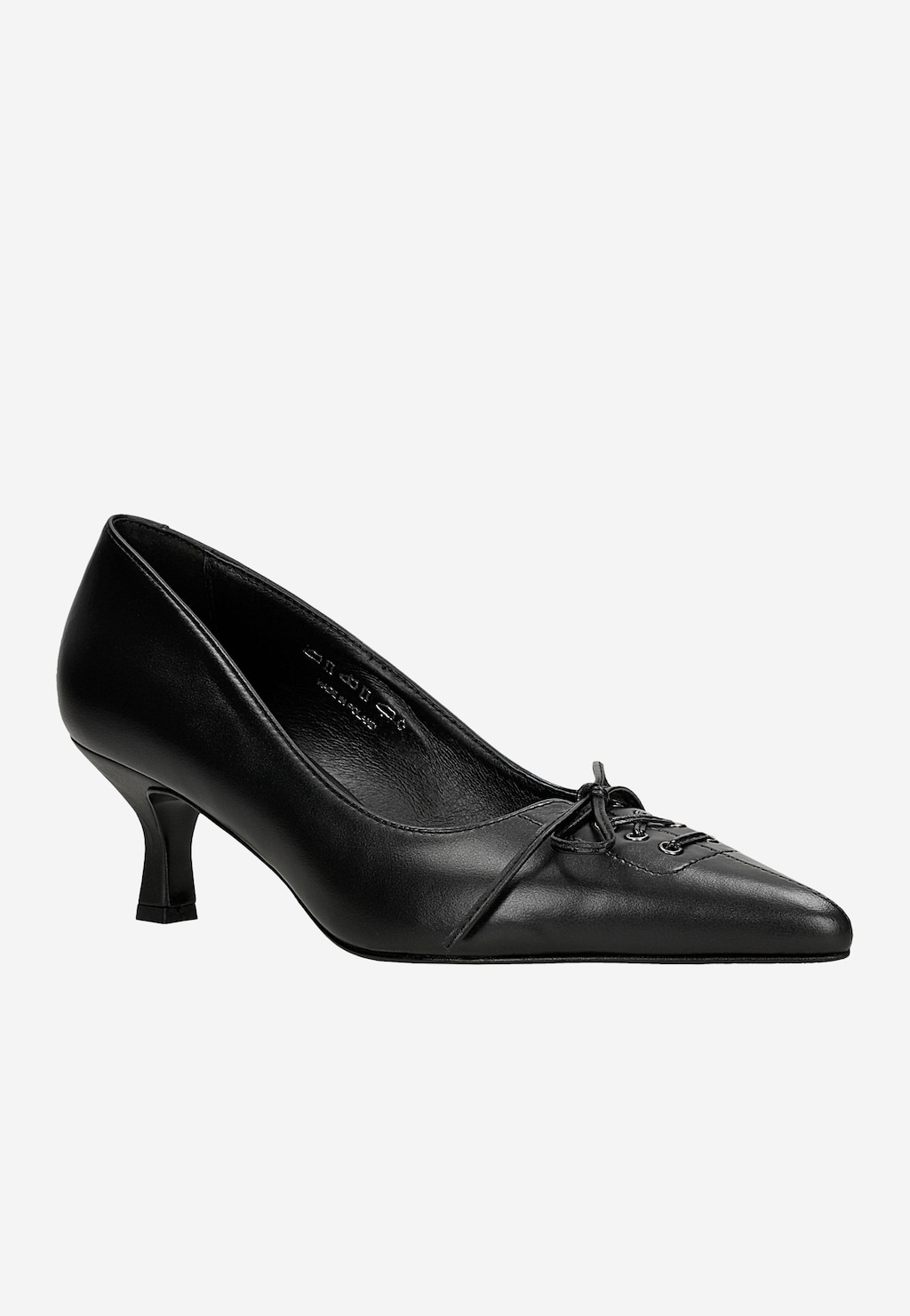 Wojas czarne skórzane czółenka LIMITED EDITION 35206-51 z ozdobną kokardką, szpiczastym noskiem i eleganckim obcasem kitten heel, widok z boku.