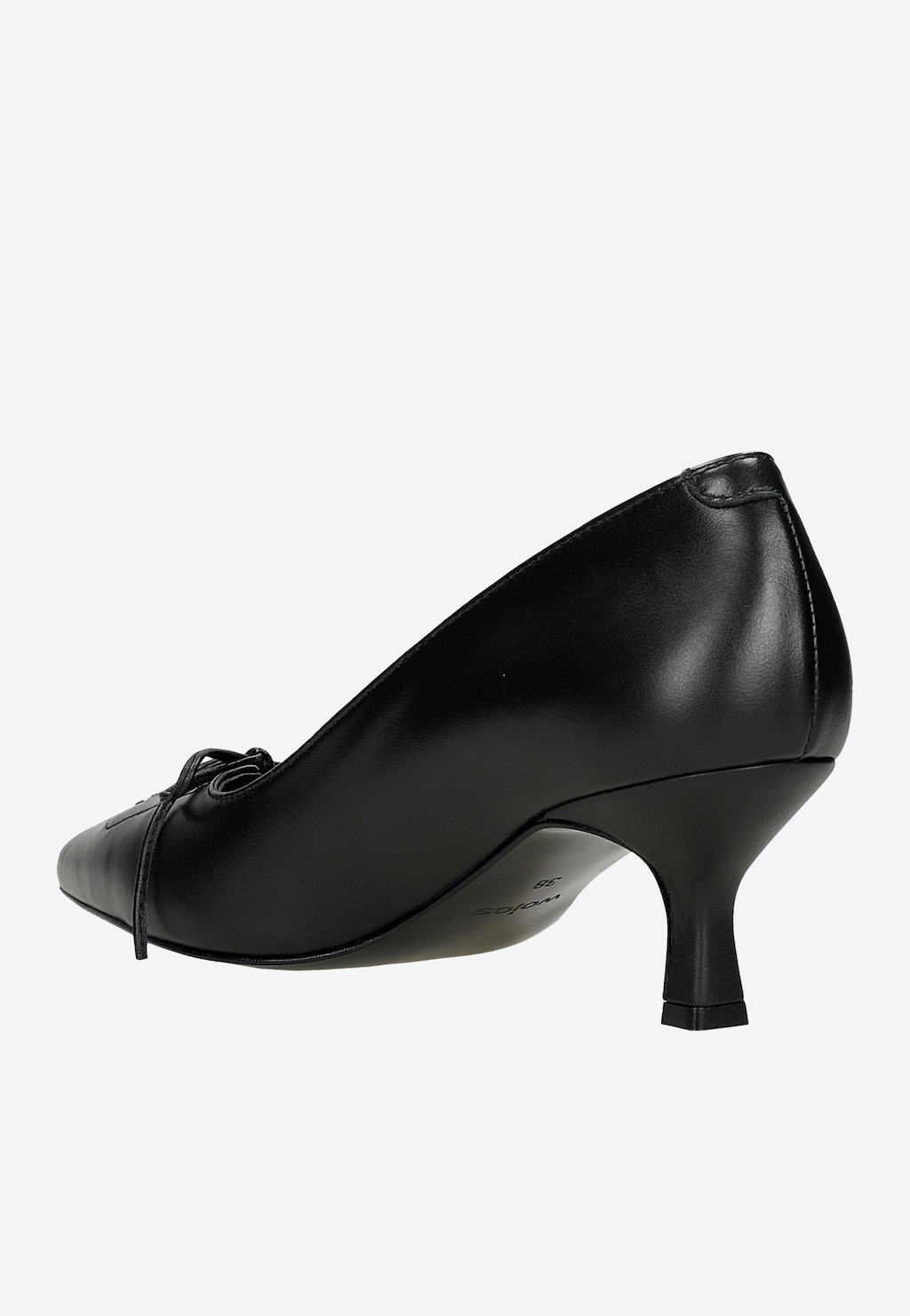 Wojas czarne czółenka LIMITED EDITION 35206-51 z ozdobną kokardką i kitten heel, widok z tyłu pod kątem, elegancka skórzana cholewka.