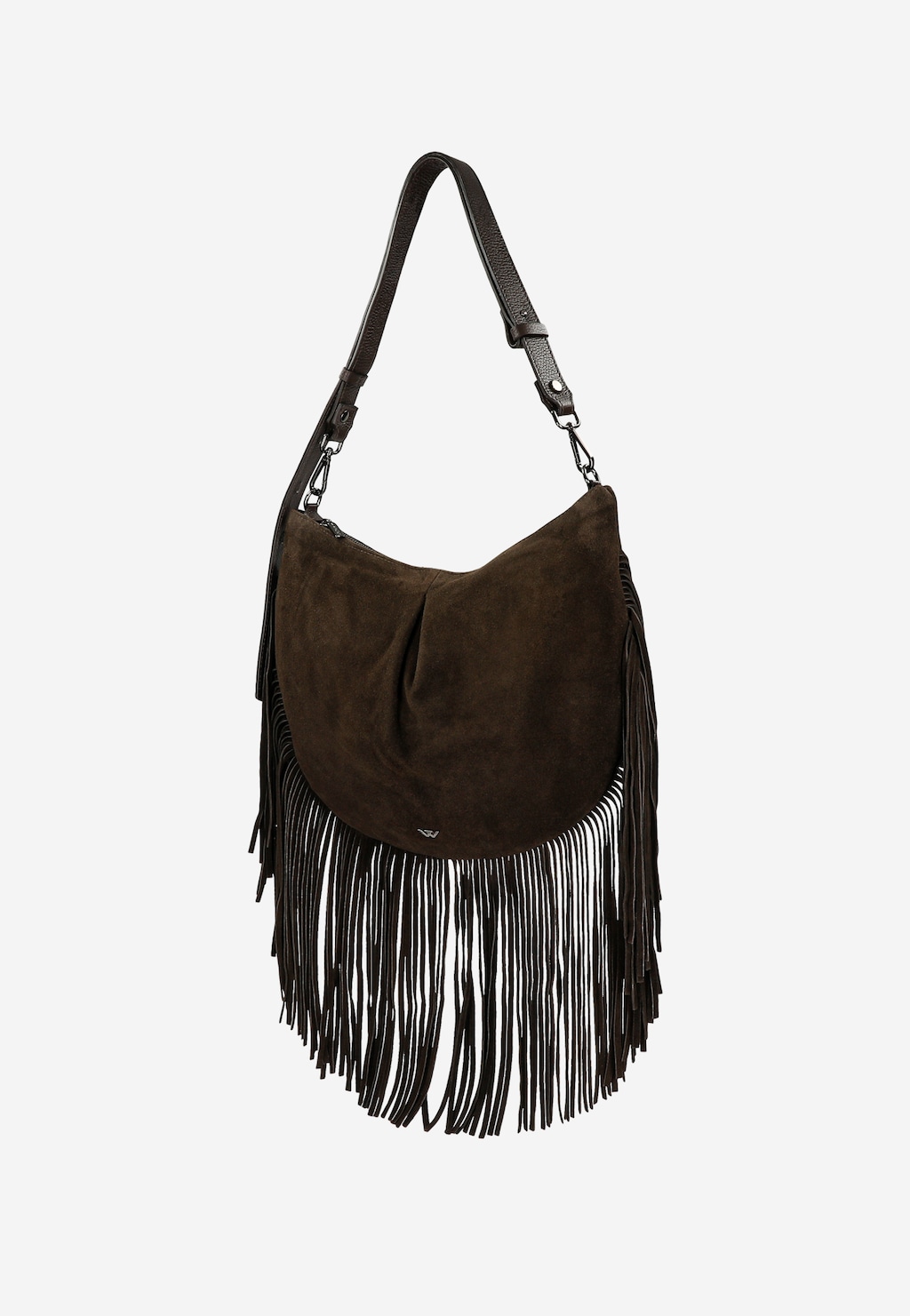 Wojas brązowa czekoladowa torebka damska z frędzlami 80498-72, zamszowa hobo bag z regulowanym paskiem na ramię, boho styl.