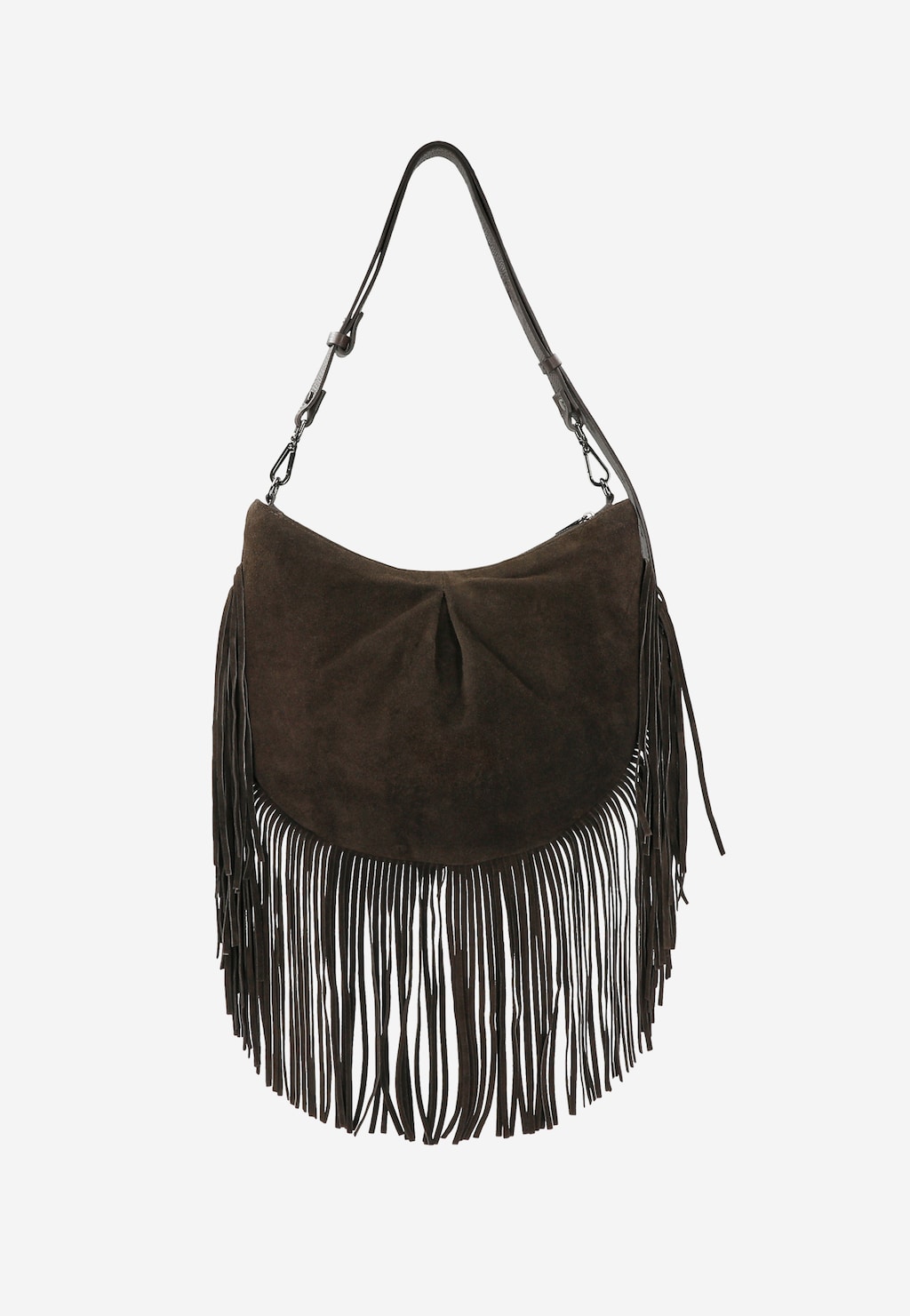 Wojas brązowa czekoladowa torebka damska z frędzlami 80498-72, zamszowa hobo bag na regulowanym pasku, boho styl