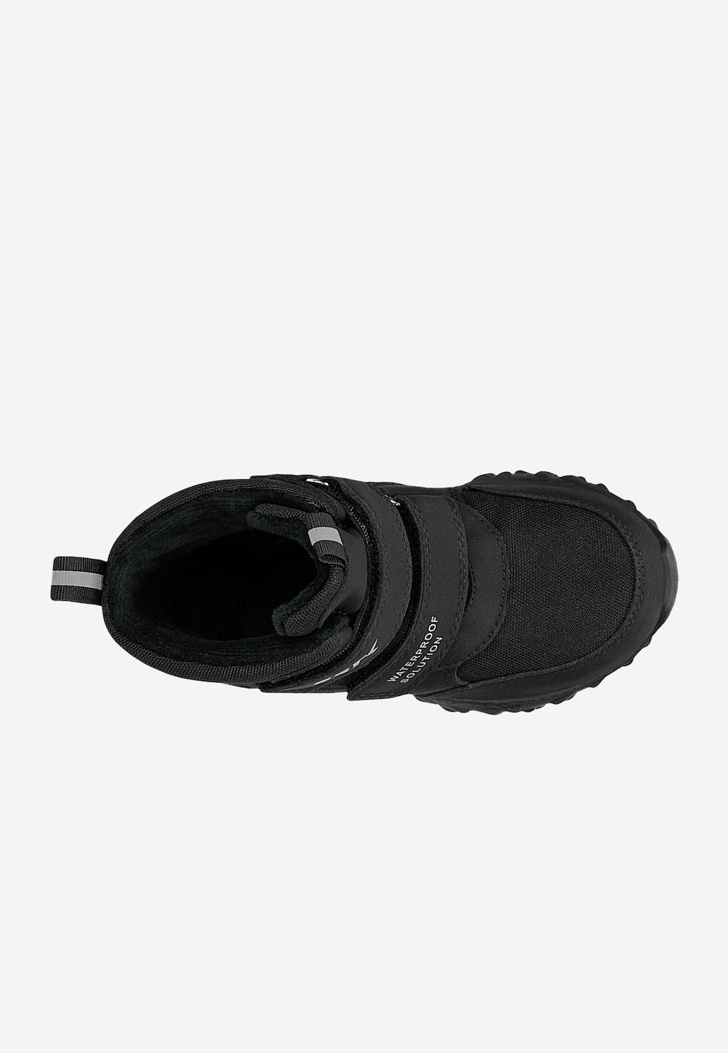 Czarne dziecięce trzewiki Bartek 84017-81 z wodoodpornością Waterproof Solution, rzepem i odblaskiem, widok z góry.