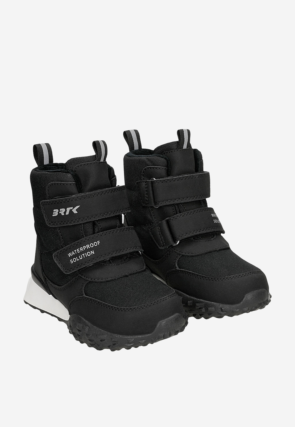 Czarne dziecięce trzewiki Bartek 84017-81 z rzepami i technologią Waterproof Solution, wysoka cholewka, szare pętelki, podeszwa terenowa.