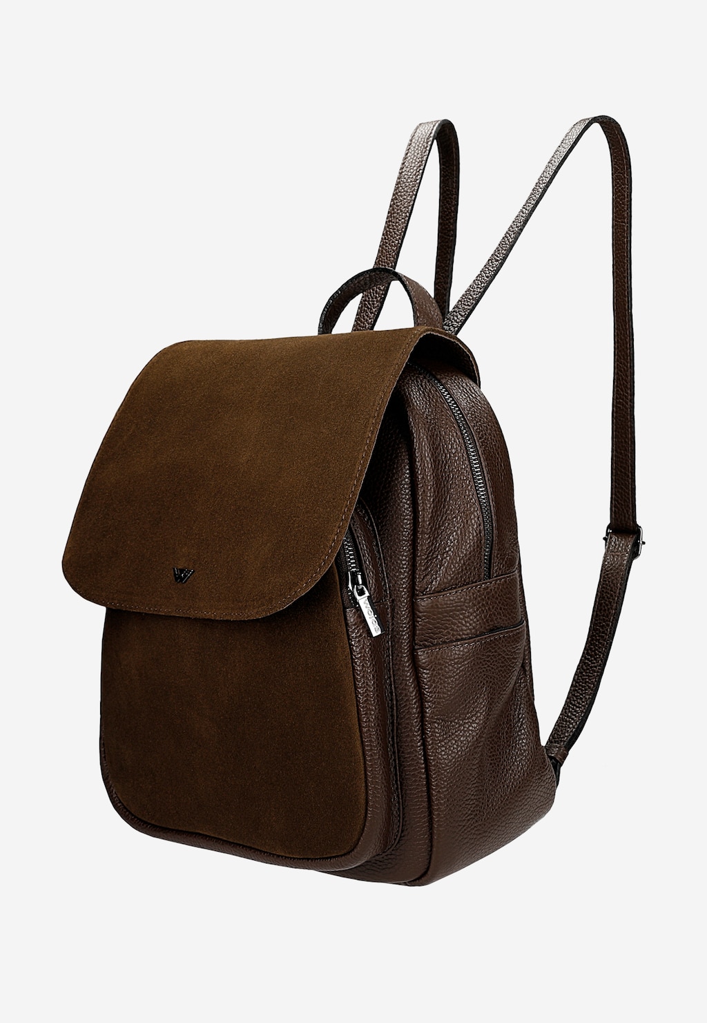 Brązowy skórzany plecak damski Wojas 80082-72 z klapą z zamszu, regulowanymi szelkami i srebrnymi suwakami, widok z boku.
