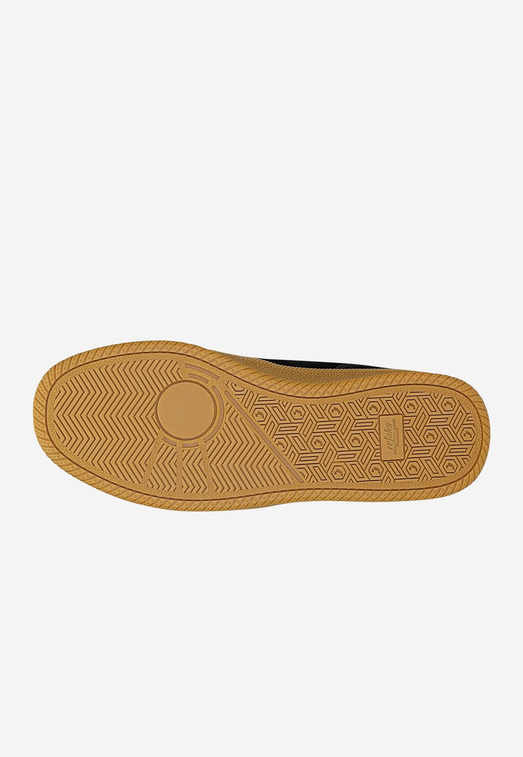 Podeszwa czarnych trampków mule RELAKS R75503-61 z beżowym futerkiem – widok od spodu, jasna gumowa outsole z wzorem geometrycznym i logo marki.