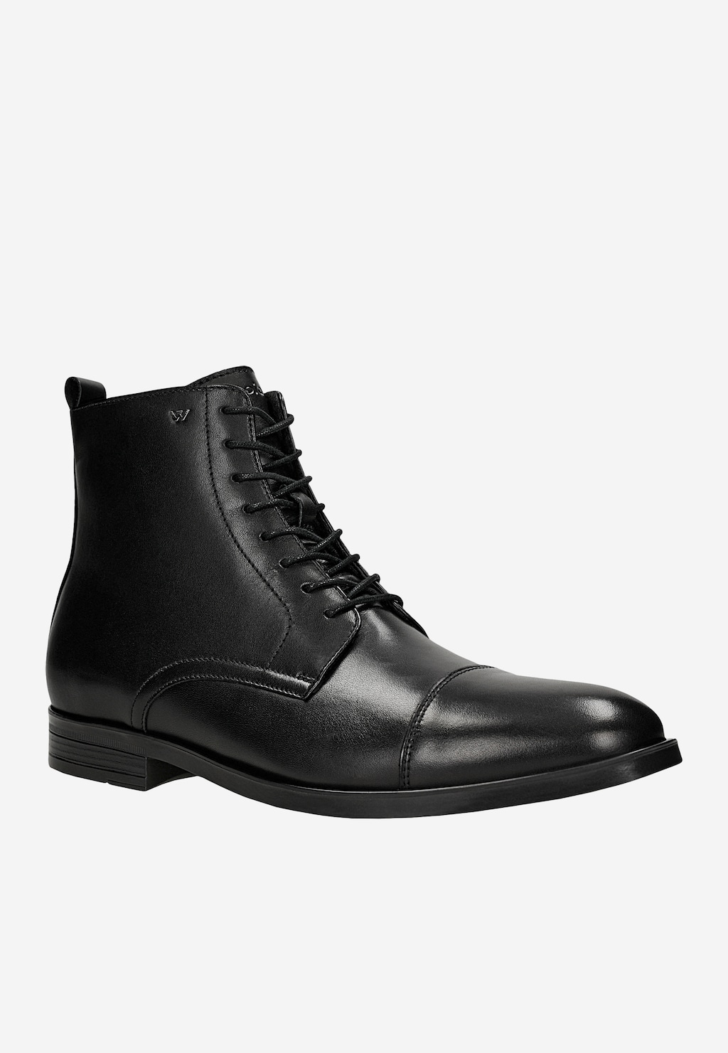 Wojas czarne skórzane trzewiki męskie model 24123-51 z zamkiem i sznurowaniem, widok z boku, elegancki cap-toe design.