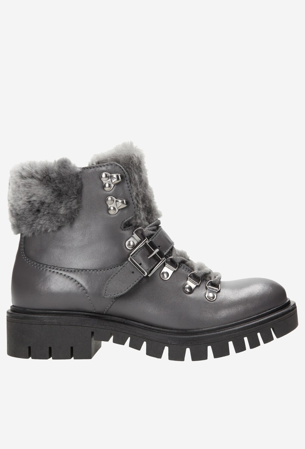 Popielate trzewiki damskie z futerkiem i klamrą 7678-50 Widok 1