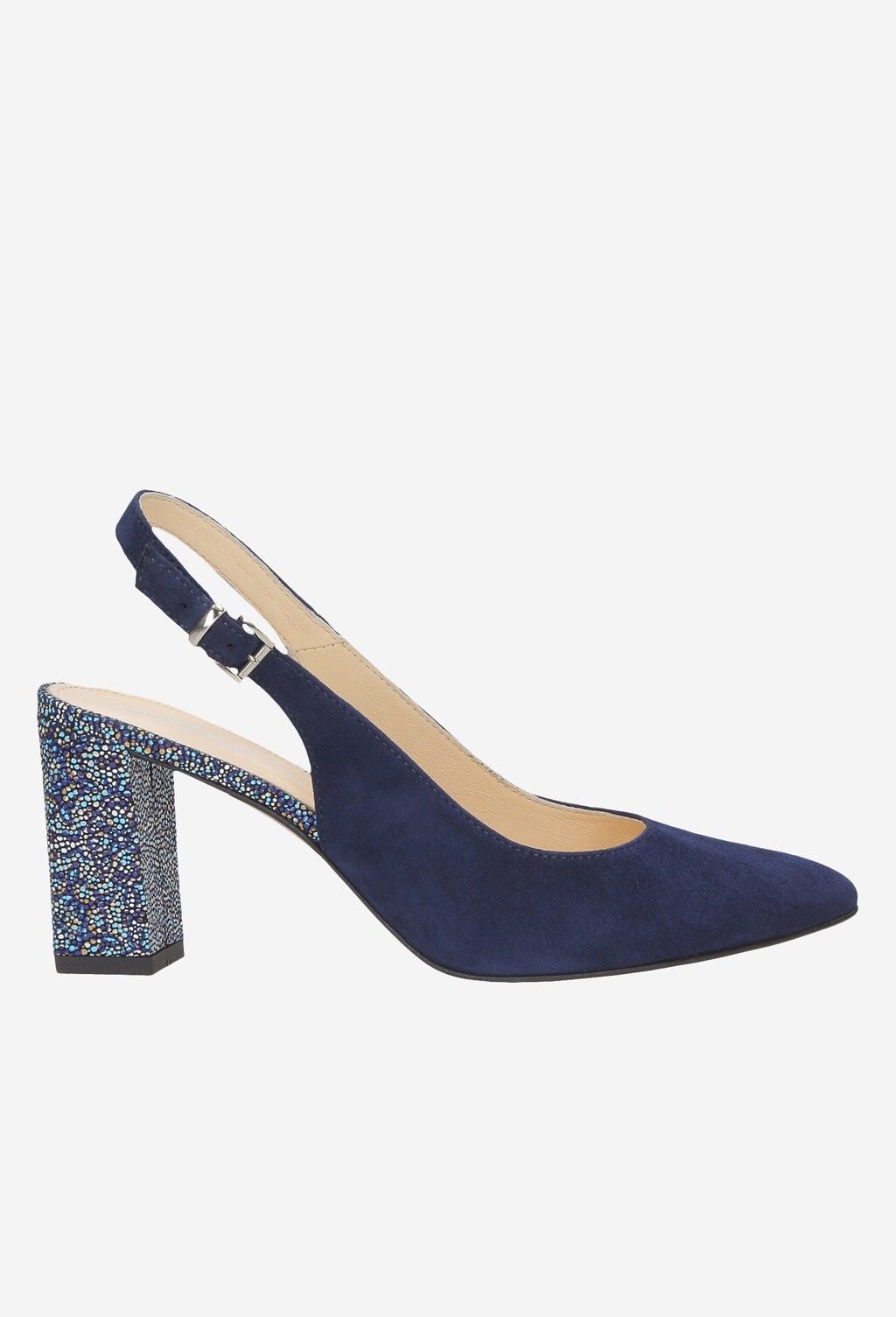 Granatowe czółenka damskie z multikolorowym obcasem 8384-66 Widok 1