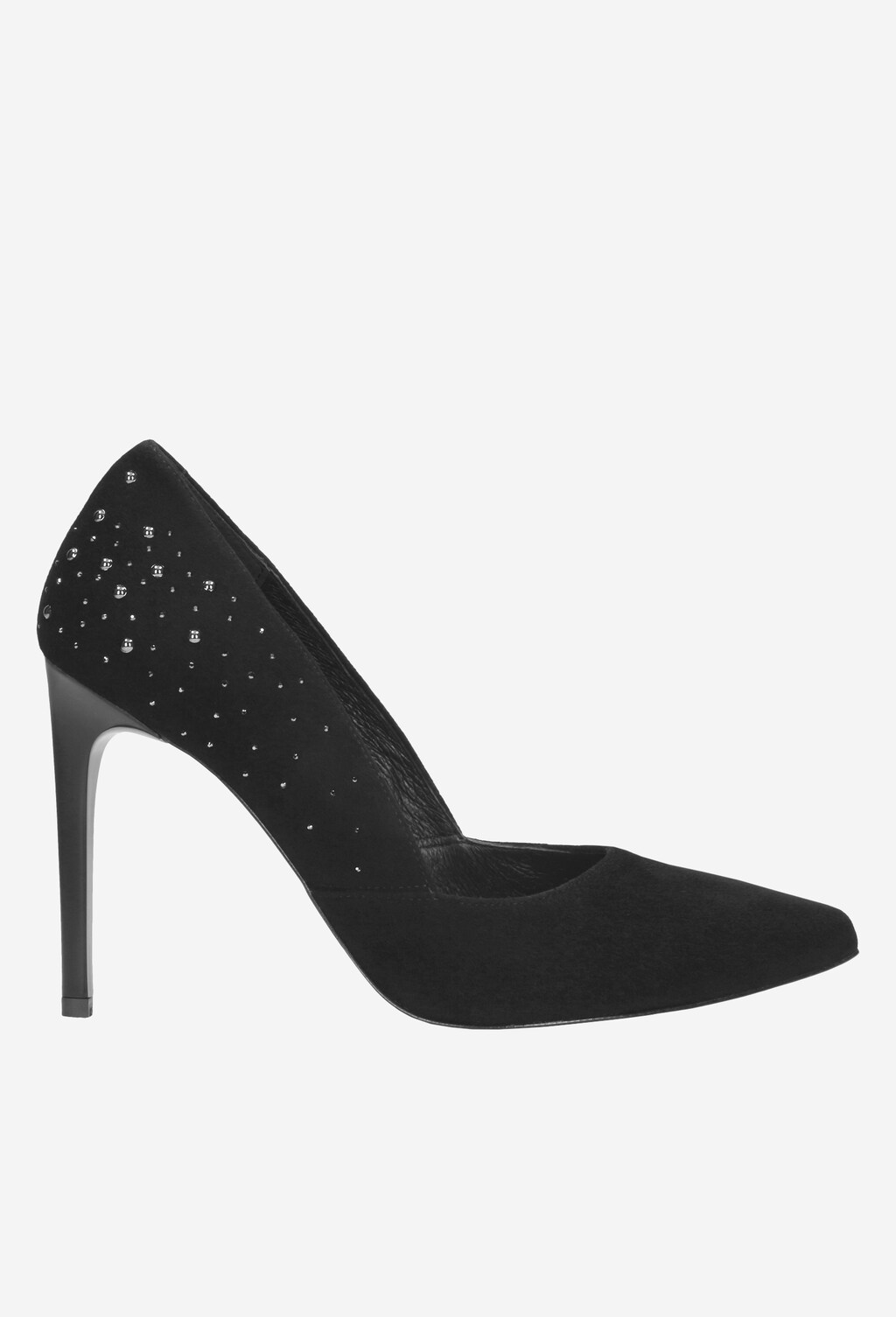 Czarne czółenka damskie Wojas model 9350-61 ze smukłym obcasem szpilki, zdobione drobnymi kryształkami na boku buta, widok z profilu.