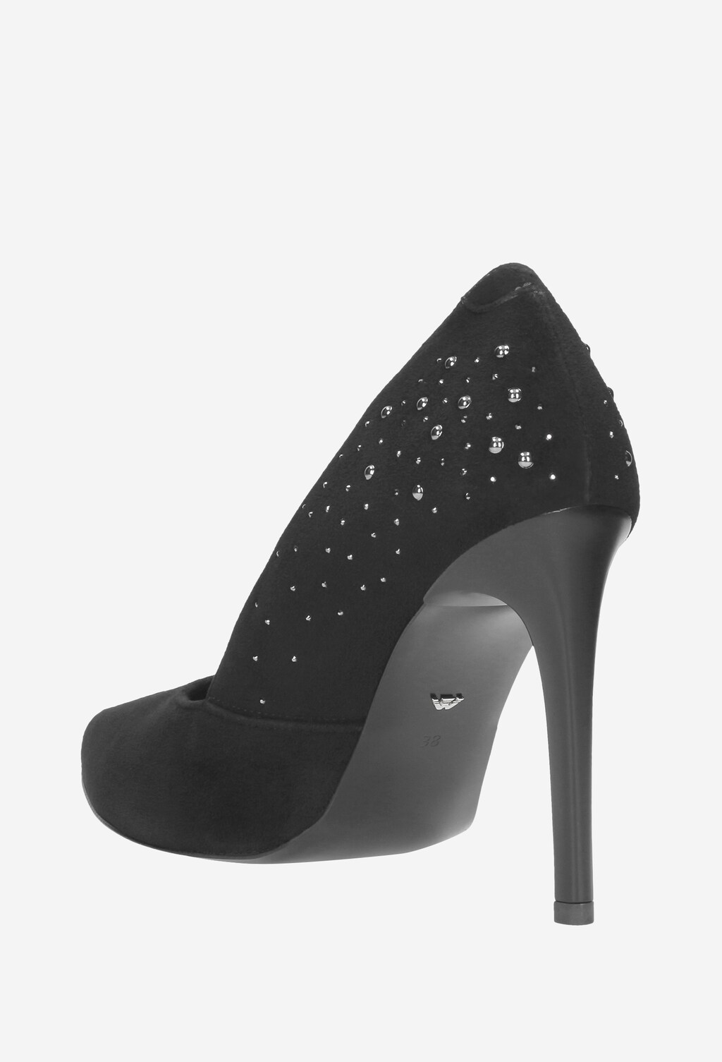 Czarne czółenka damskie Wojas model 9350-61 z boku, z wysokim obcasem i dekoracyjnymi kryształkami na tylnej części buta.