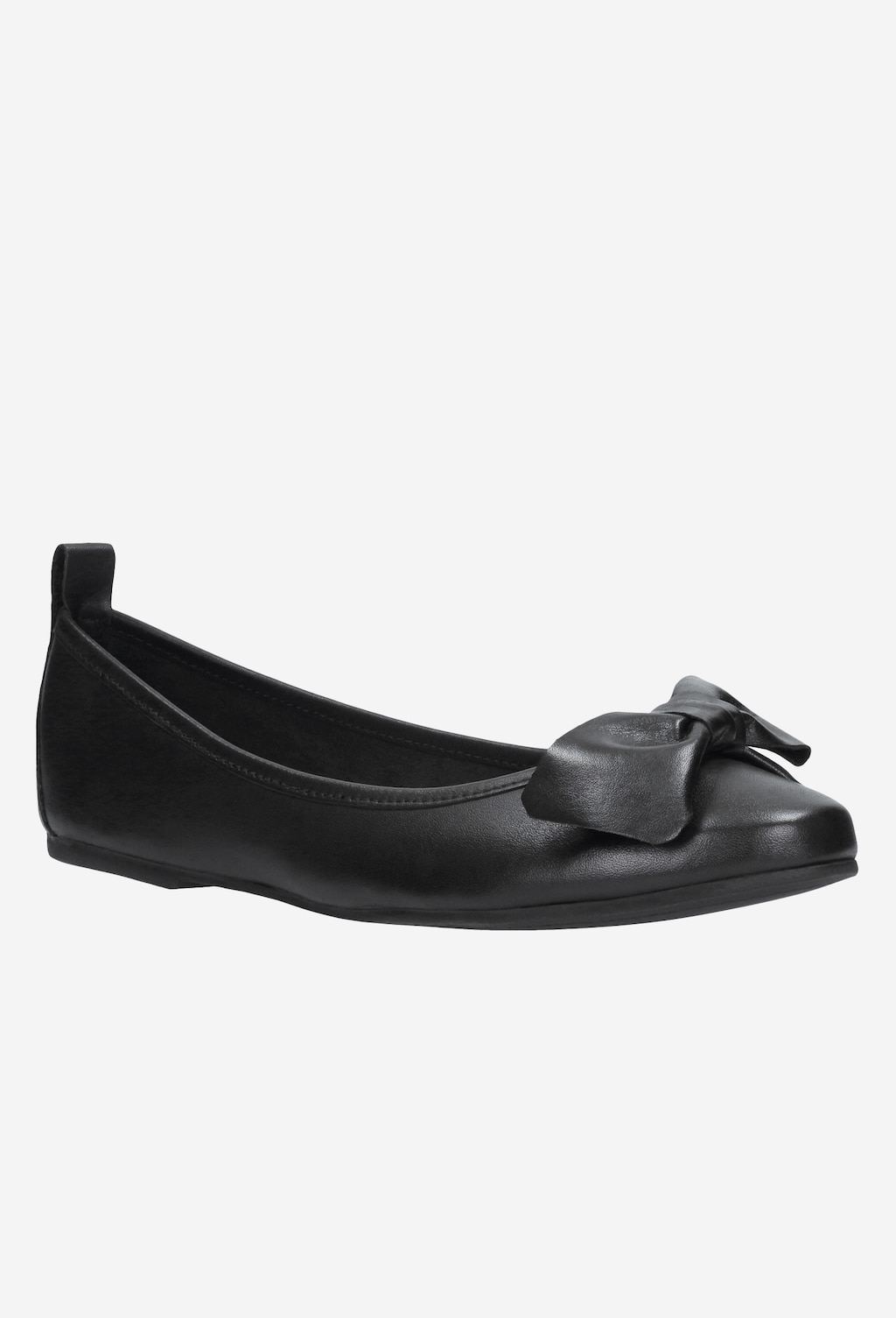 Czarna balerina damska Wojas model 44007-51 ze skóry licowej, z elegancką kokardą z przodu, widoczna z perspektywy bocznej, ukazująca płaską podeszwę i zaokrąglony nosek.