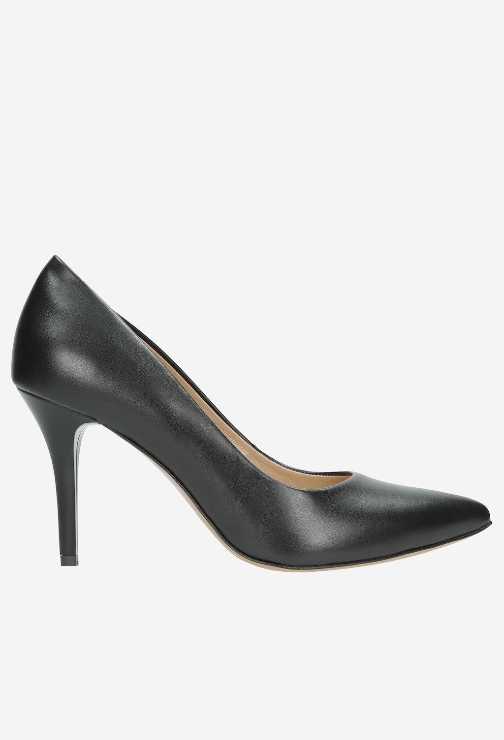 Eleganckie czarne czółenka damskie Wojas model 9275-51 z wysokim, smukłym obcasem i spiczastym noskiem, wykonane z gładkiej skóry, widok z boku.