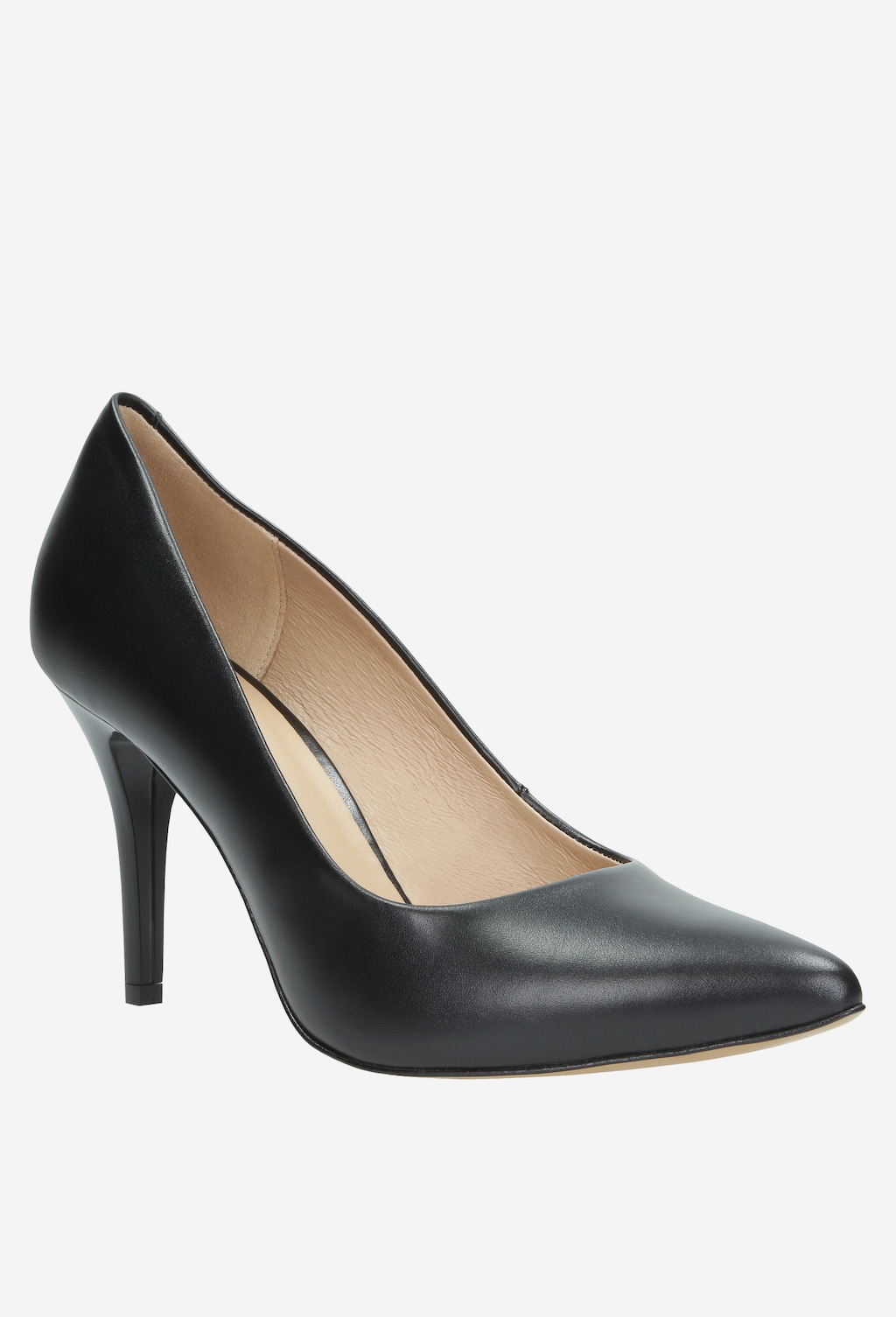 Eleganckie czarne czółenka Wojas model 9275-51 z gładkiej skóry na smukłym obcasie, z klasycznym spiczastym noskiem i beżową wyściółką wewnętrzną.