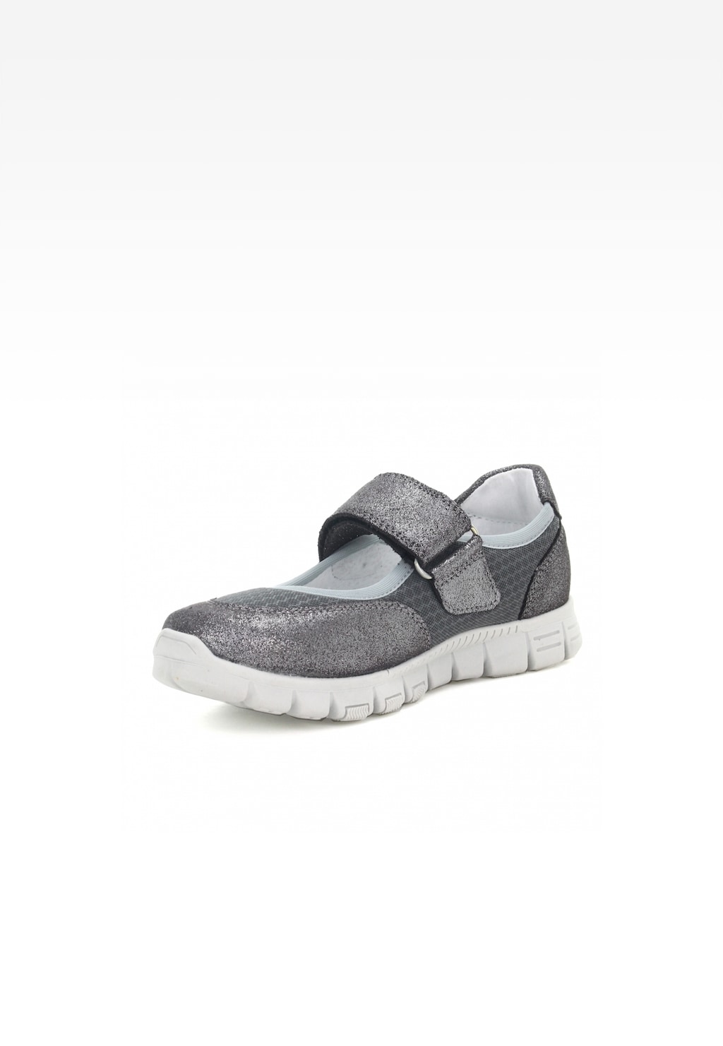 Szare buty wizytowe dla dziewczynki Bartek W-48026/SZ/11M z błyszczącą teksturą, zapięciem na rzep i elastyczną białą podeszwą, idealne na eleganckie okazje.