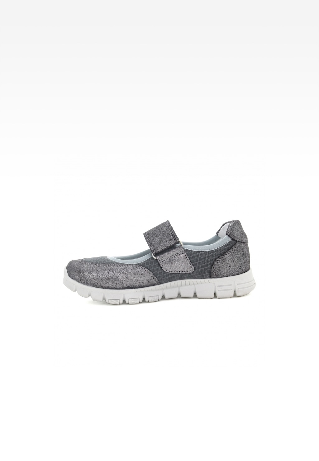 Szare buty wizytowe dla dziewczynki Bartek W-48026/SZ/11M z zapięciem na rzep, elastyczną białą podeszwą i połyskującym wykończeniem, widok z boku.