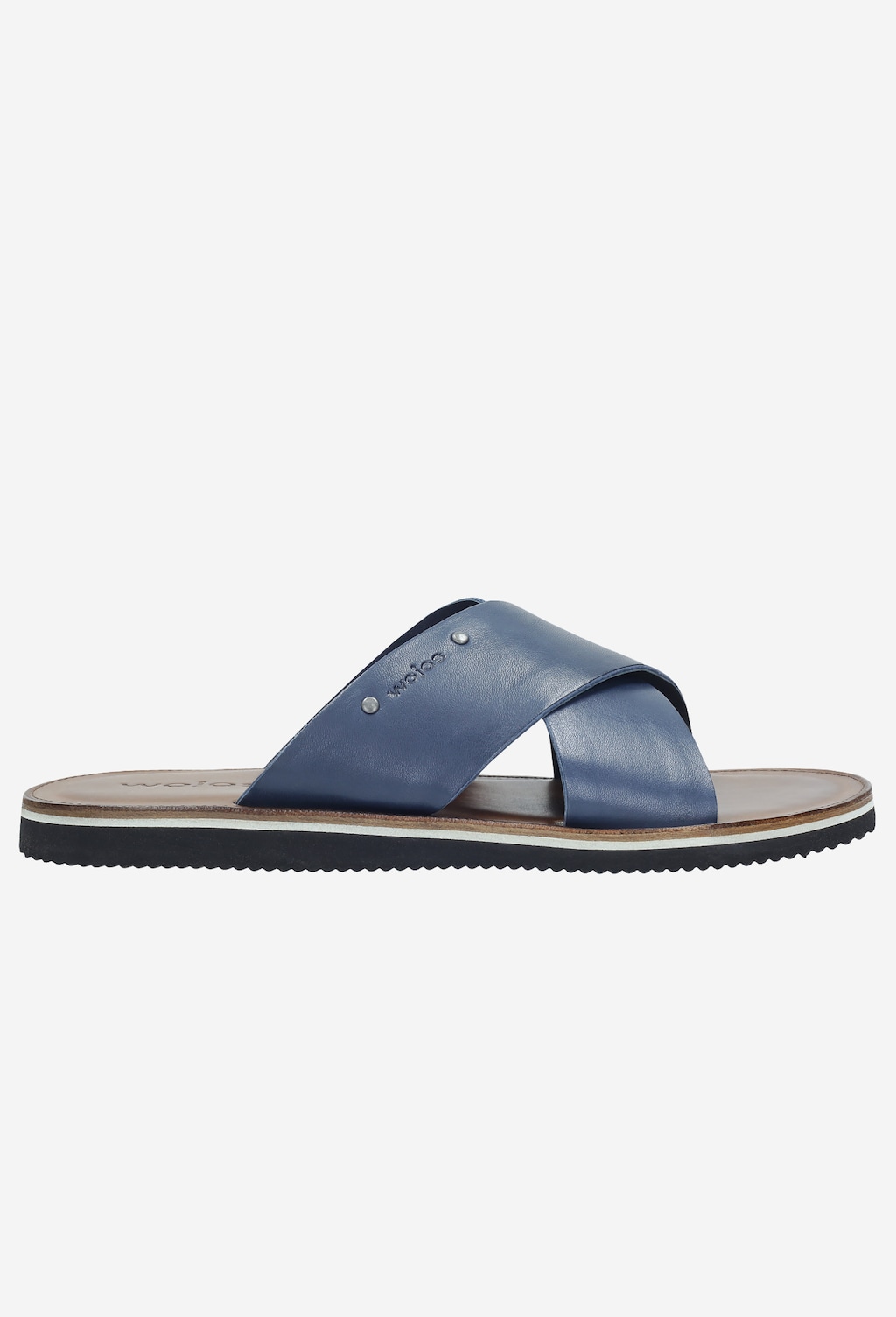 Granatowe męskie klapki Wojas model 9259-56 z krzyżującymi się paskami ze skóry licowej, z widocznym logo marki, na płaskiej podeszwie z bocznym profilem.