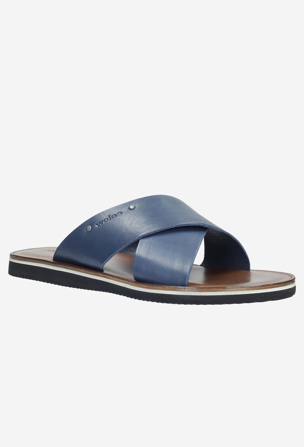 Granatowe męskie klapki Wojas model 9259-56 z krzyżującymi się paskami ze skóry licowej, z widocznym logo marki, na płaskiej podeszwie z brązowym wnętrzem.