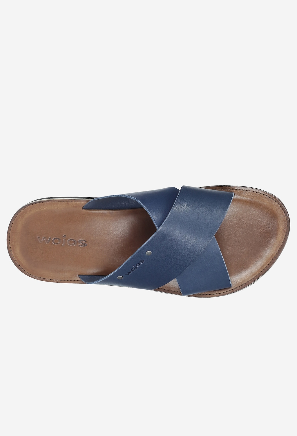 Granatowe męskie klapki Wojas model 9259-56 ze skóry licowej z brązową wkładką. Widok z góry przedstawia skrzyżowane, szerokie paski tworzące wygodny fason letniego obuwia.