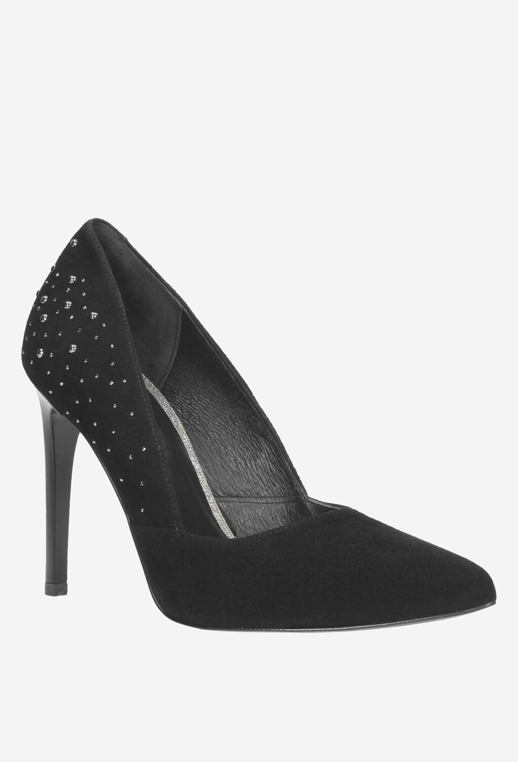 Czarne czółenka damskie Wojas model 9350-61 ze szpilkowym obcasem, wykonane z zamszowej skóry, ozdobione drobnymi kryształkami na bocznej części buta.