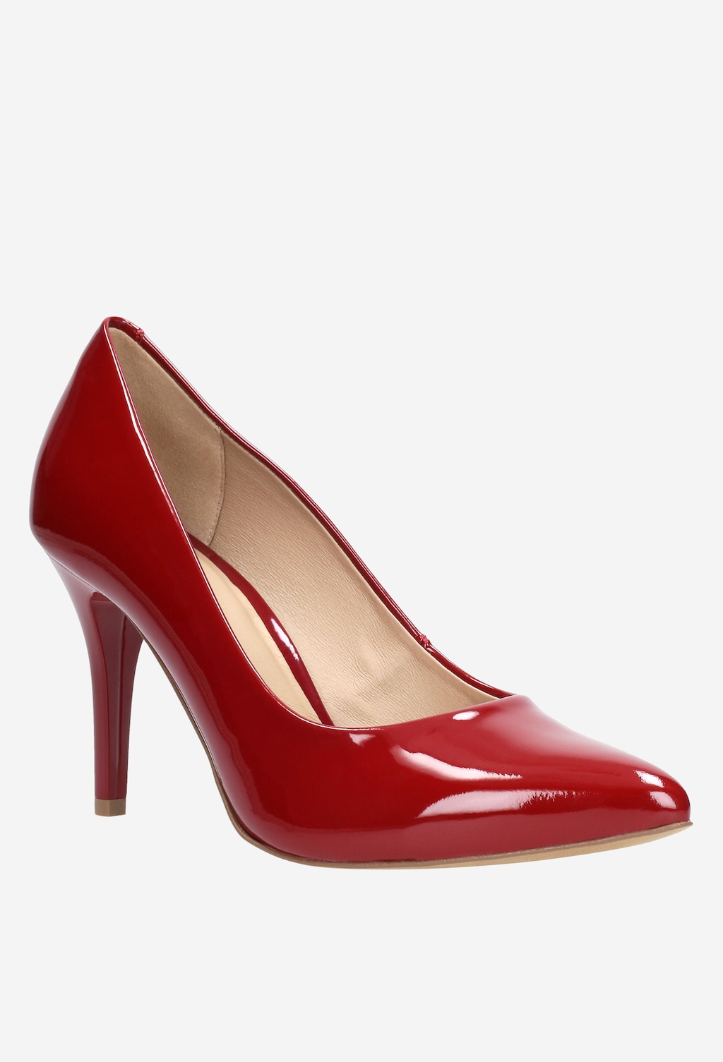 Eleganckie czerwone czółenka Wojas 9275-35 z lakierowanej skóry, na smukłym obcasie, z beżową wyściółką wewnętrzną, idealne na formalne okazje.