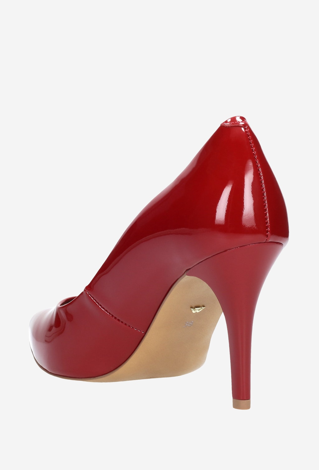 Eleganckie czerwone czółenka Wojas model 9275-35 wykonane z lakierowanej skóry, z widocznym beżowym spodem i smukłym, wysokim obcasem, ukazane z boku.