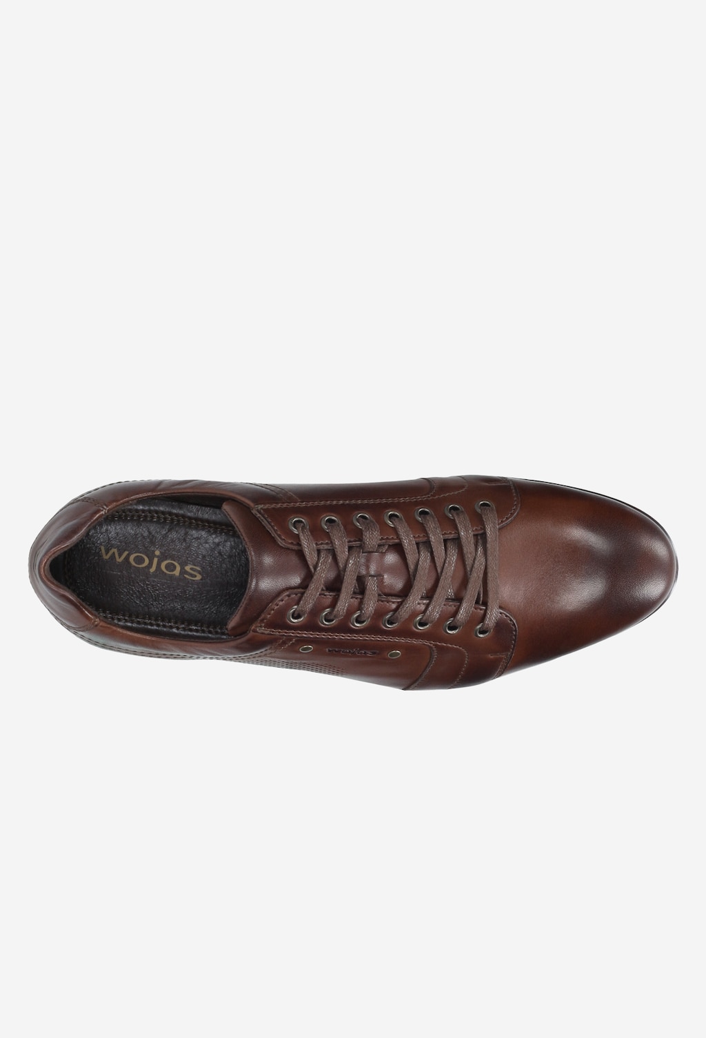 Brązowe półbuty męskie Wojas model 7004-52 widoczne z góry, wykonane ze skóry naturalnej z charakterystycznymi przeszyciami i klasycznym systemem sznurowania.