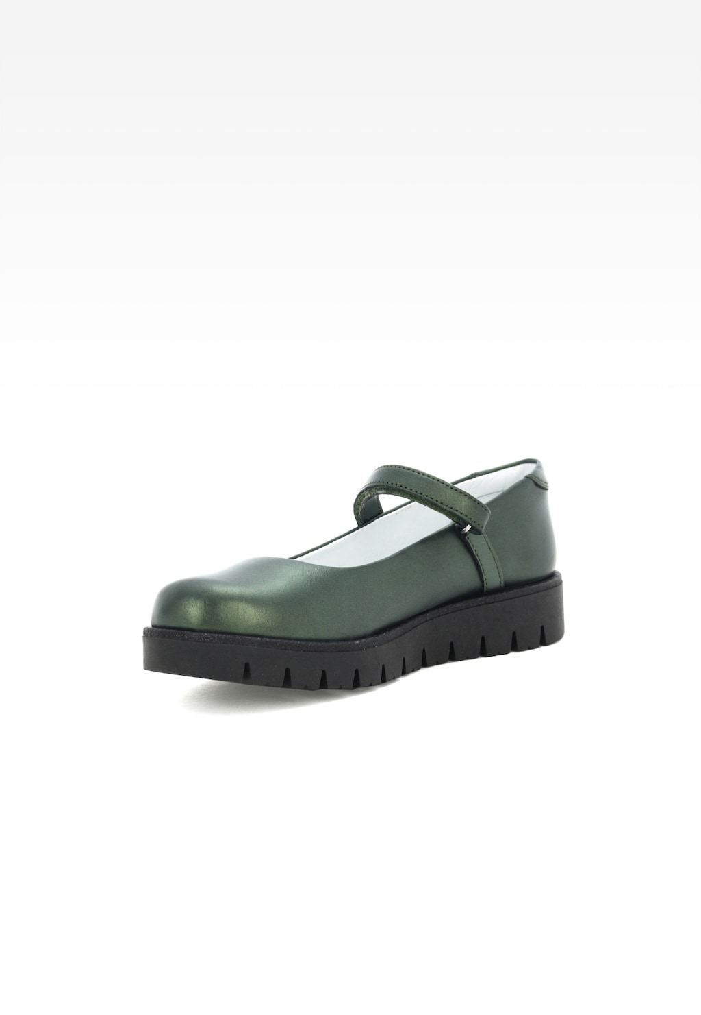 Bartek W-48605/SZ/1R2 wizytowe buty dla dziewcząt w kolorze zielonym z perłowym połyskiem, paskiem na rzep i czarną platformą.