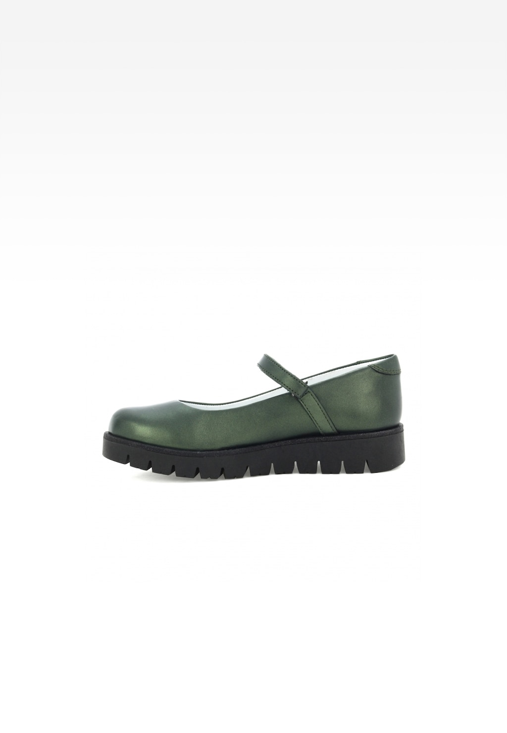 Zielone buty wizytowe Bartek W-48605/SZ/1R2 dla dziewcząt, mary jane z paskiem na rzep i czarną platformową podeszwą, widok z boku.