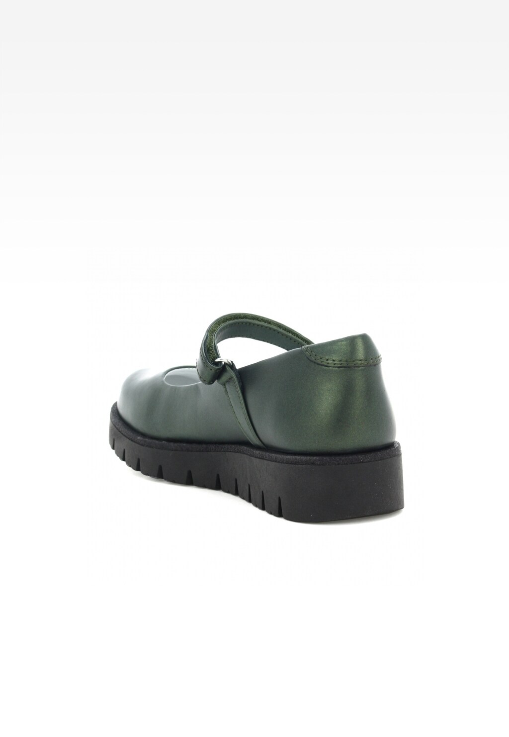 Zielone buty wizytowe Bartek W-48605/SZ/1R2 dla dziewcząt z paskiem na rzep i czarną podeszwą, widok z tyłu.
