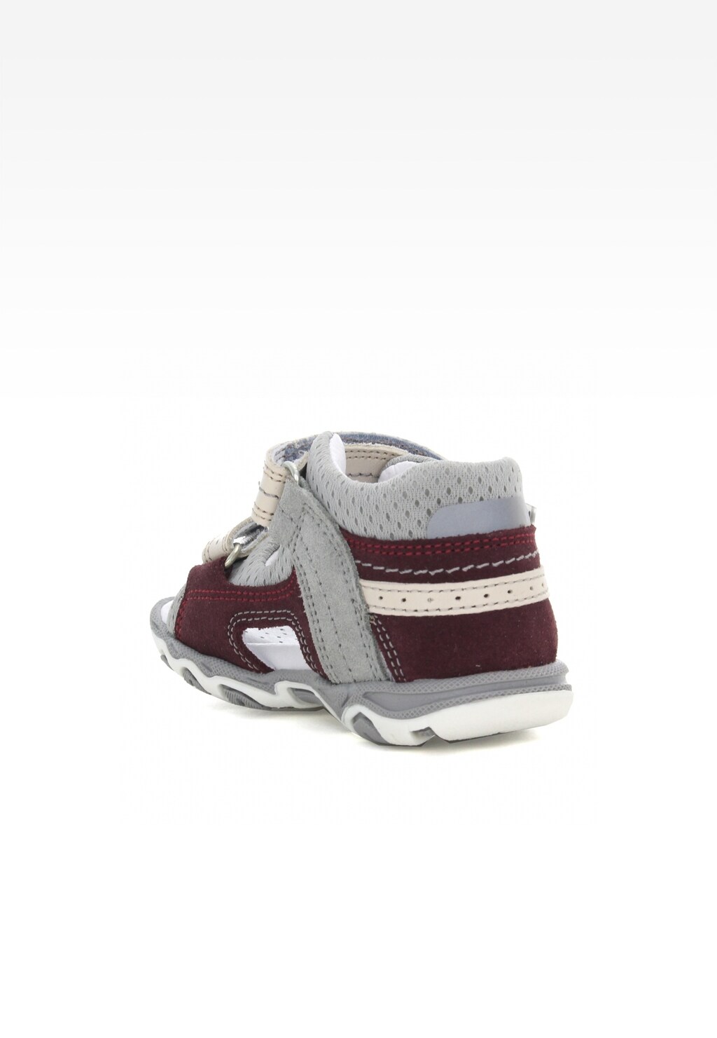 Sandały dziecięce Bartek W-11848-5/MOZ w kolorze szaro-bordowym, widok z tyłu, z perforowaną skórą i rzepami, idealne dla chłopców na letnie dni.