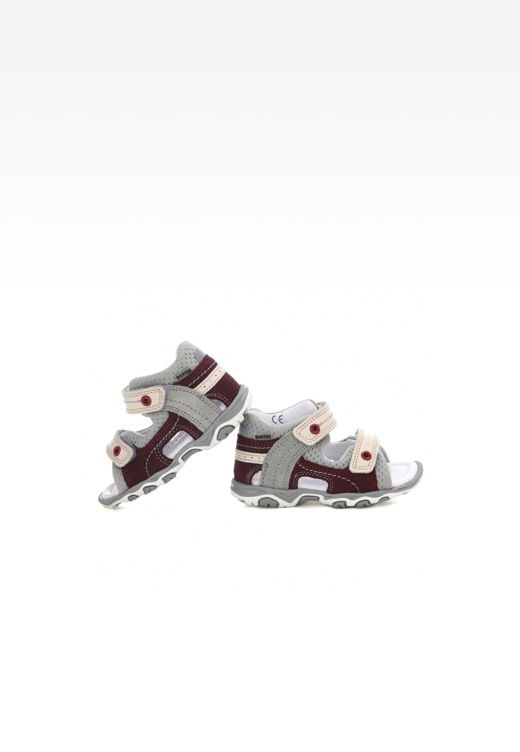 Szaro-bordowe sandały dziecięce Bartek W-11848-5/MOZ dla chłopców z zapięciem na rzepy, pokazane z boku i od wewnątrz. Widoczna podeszwa z amortyzacją.