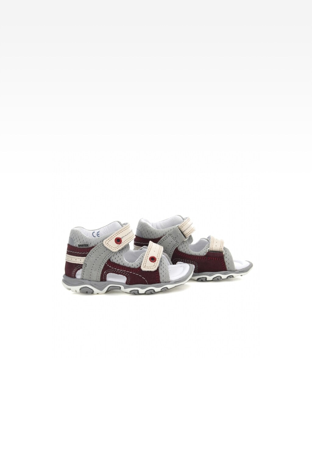 Szaro-bordowe sandały dziecięce Bartek W-11848-5/MOZ dla chłopców, z podwójnymi rzepami, wyprofilowaną wkładką i antypoślizgową podeszwą, widok z boku.