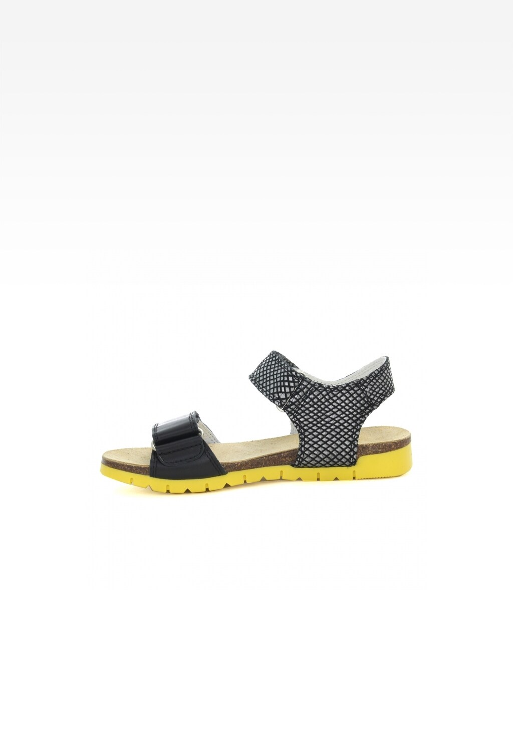 Czarne sandały BARTEK W-59183/1RP dla dziewcząt z wzorzystym paskiem na pięcie, czarnym paskiem z przodu i żółtą podeszwą, idealne na lato.