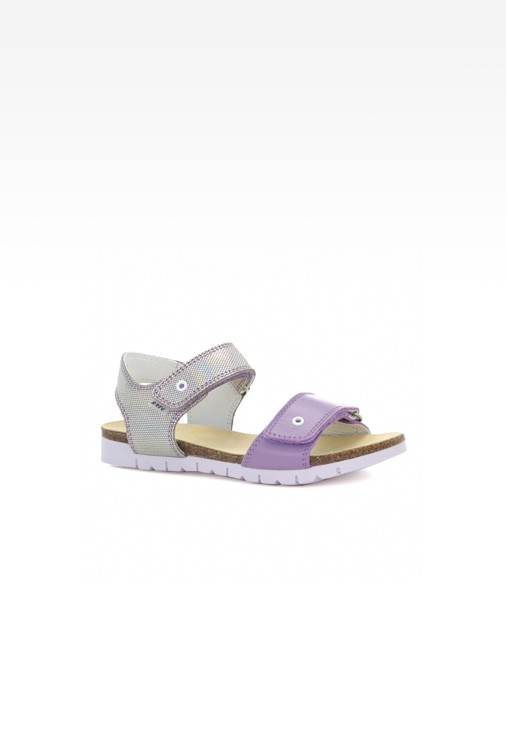 Dziewczęce fioletowe sandały Bartek W-56183/75C z podwójnymi rzepami - srebrnym i fioletowym paskiem, na lekkiej, białej podeszwie i korkowym wyściełaniu.