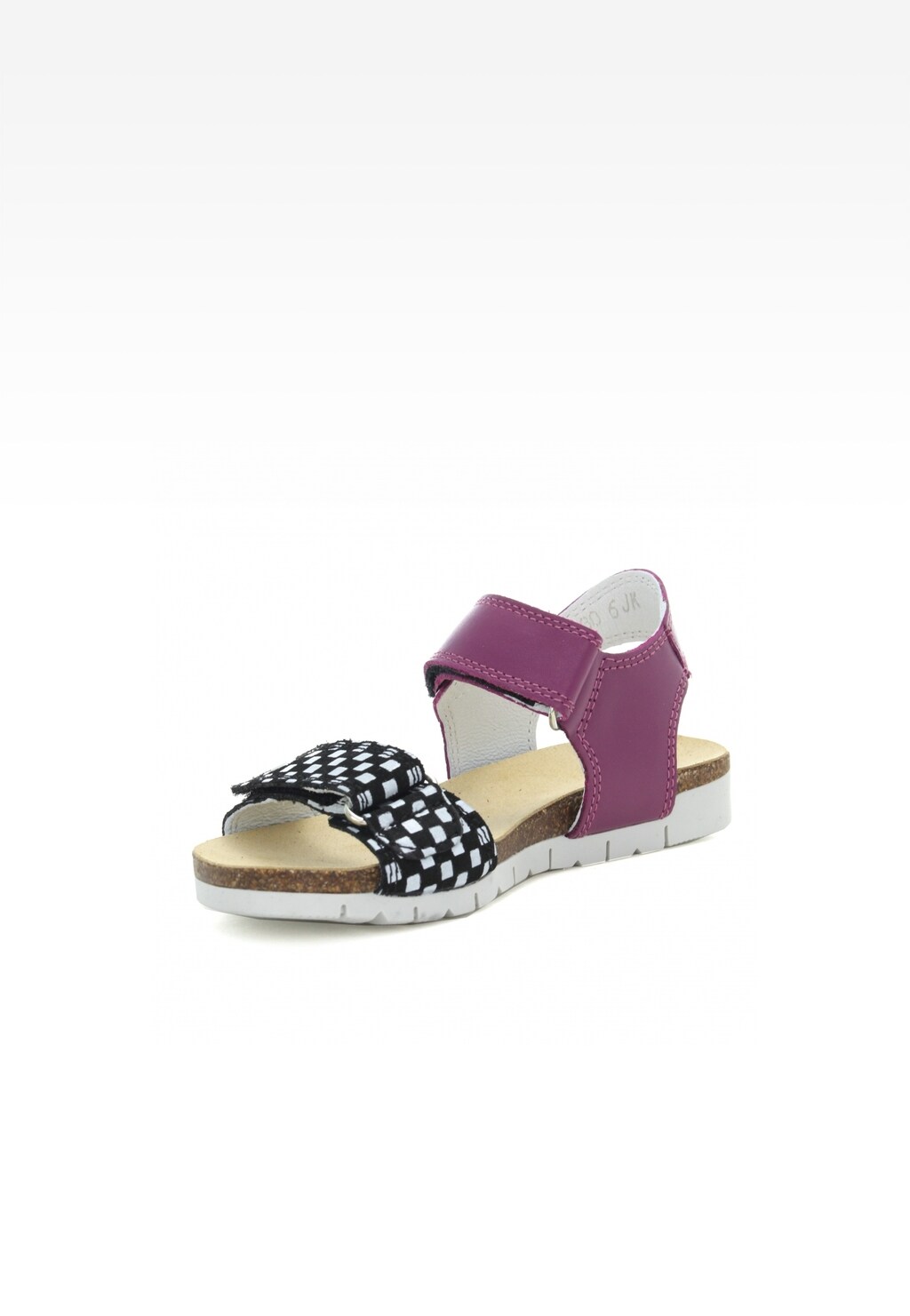 Sandały dziewczęce BARTEK W-56183/6JK z fioletowym paskiem na pięcie i czarno-białym plecionym paskiem na przodzie, na jasnej podeszwie z korkiem.