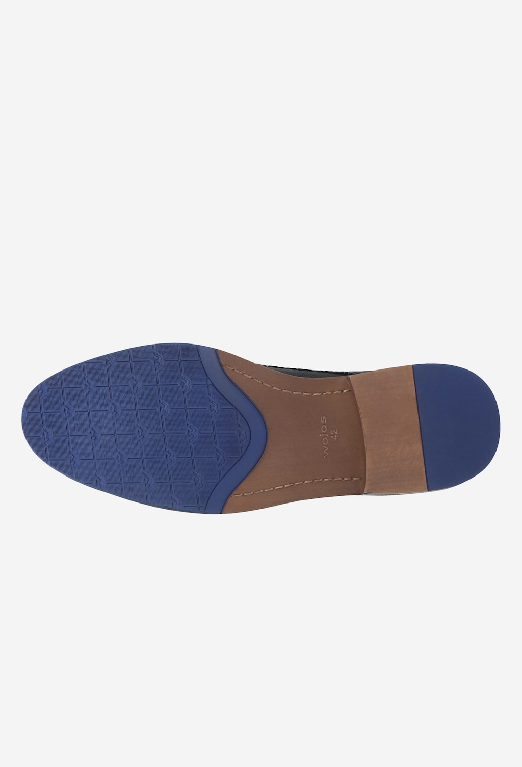 Podeszwa czarnych półbutów męskich Wojas model 9072-51 z charakterystycznym niebieskim wzorem geometrycznym i brązowym środkiem, widok od spodu.