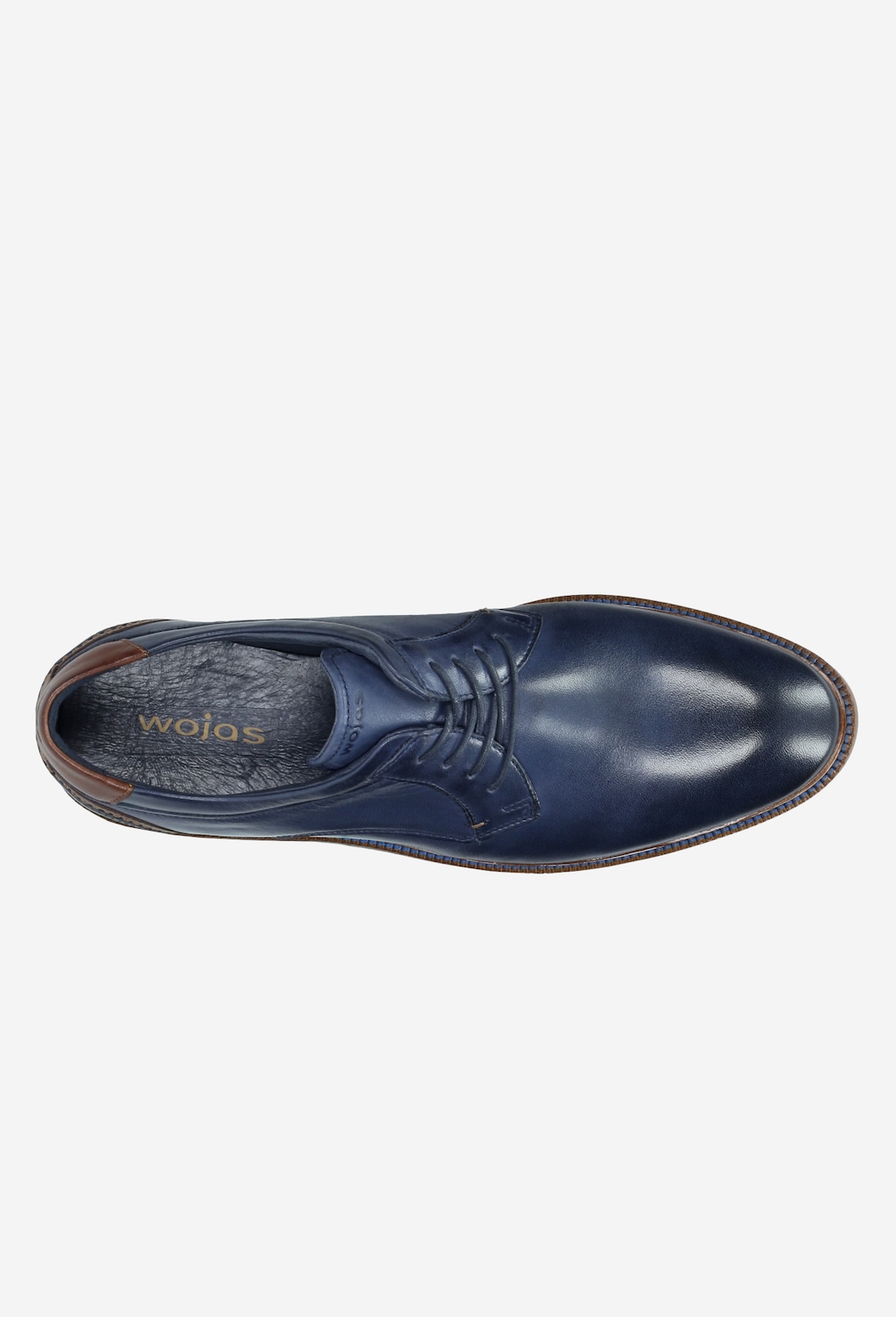 Eleganckie granatowe półbuty męskie Wojas model 9071-56 z gładkiej skóry naturalnej, widok z góry ukazujący sznurowanie i logo marki na wkładce.