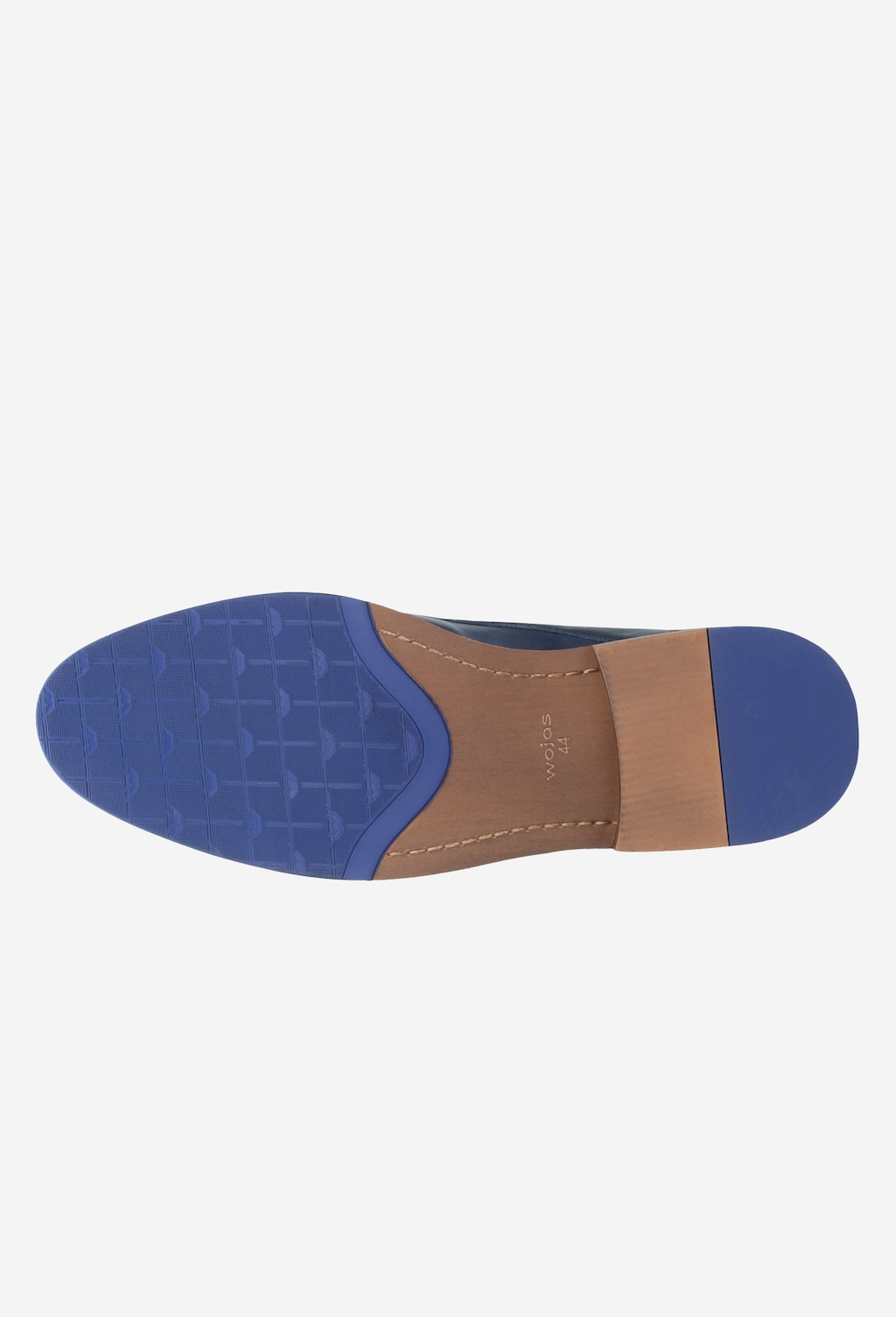 Podeszwa granatowych półbutów męskich Wojas model 9071-56 z charakterystycznym wzorem na spodzie i brązowymi wstawkami, widok od dołu.