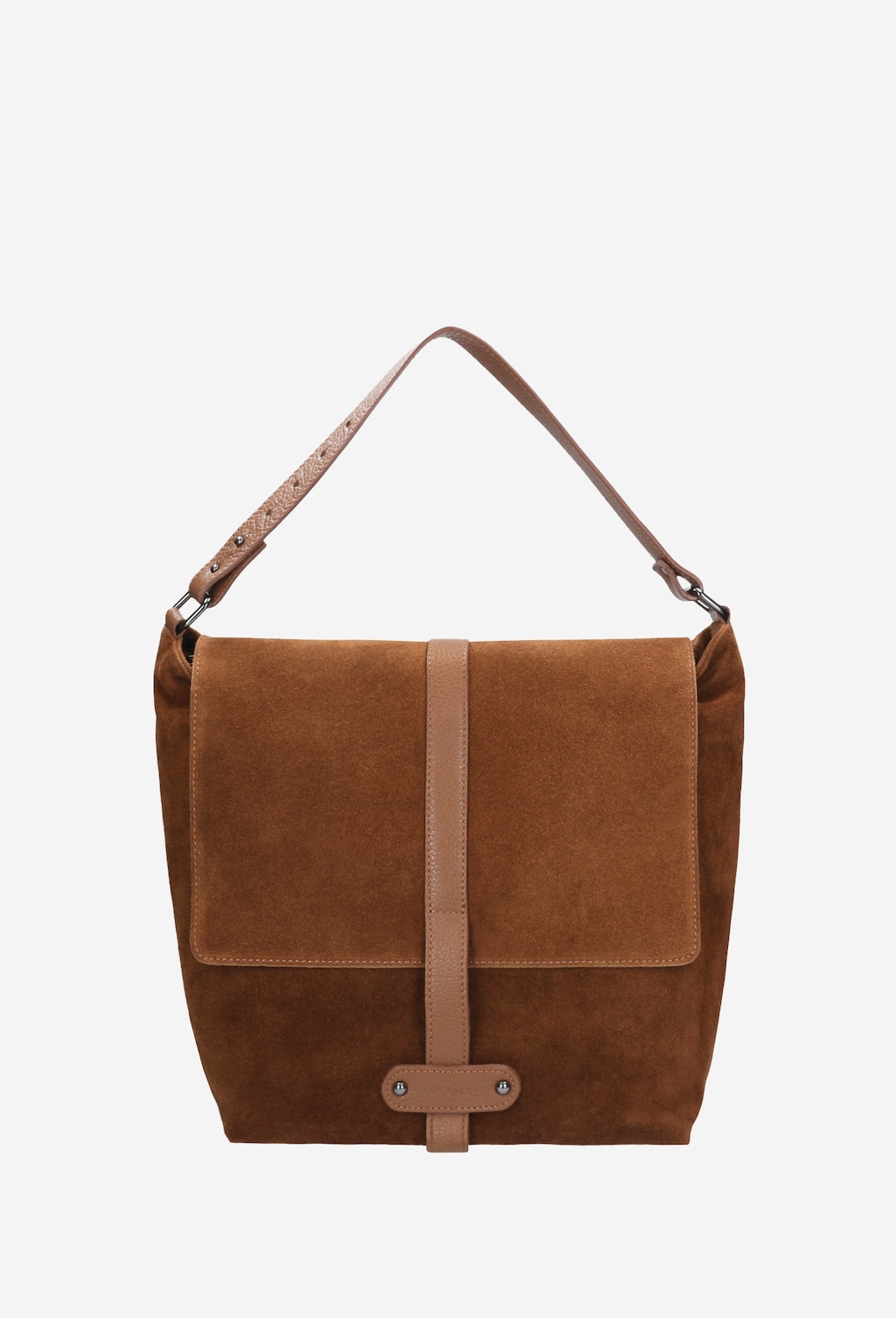 Duża torebka Wojas model 9857-73 z łączonych skór w kolorze brązowym, z paskiem na ramię i ozdobnym pionowym pasem pośrodku.