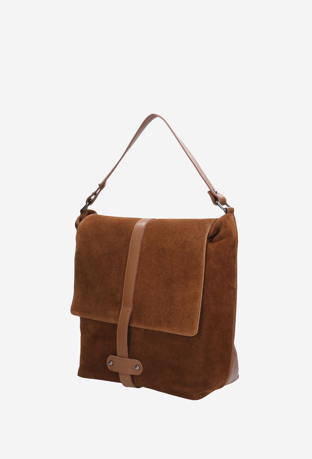 Elegancka duża torebka Wojas model 9857-73 z brązowej zamszowej i gładkiej skóry, z klapą i regulowanym paskiem na ramię, ukazana z boku.