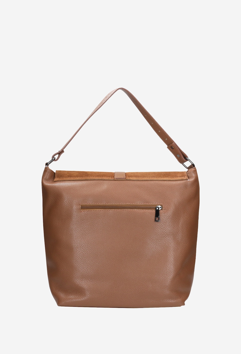 Duża torebka Wojas model 9857-73 w brązowym kolorze z łączonych skór, z regulowanym paskiem na ramię i kieszenią zewnętrzną zapinaną na zamek błyskawiczny.